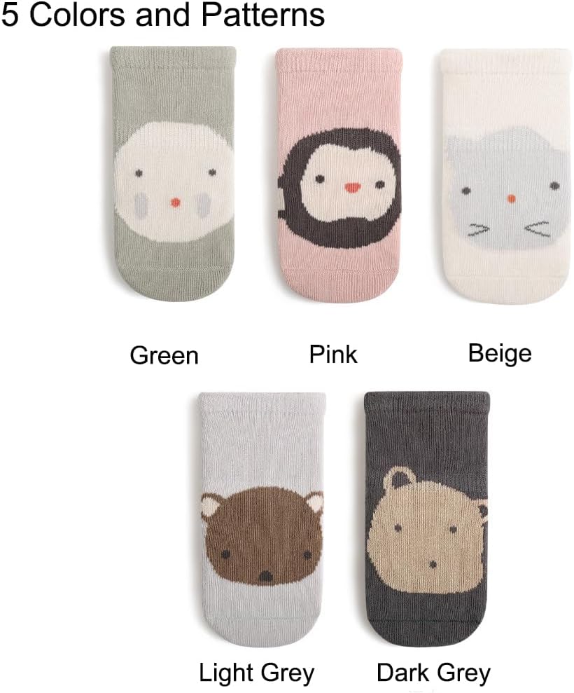 Detalle de Exemaba Baby Socks with Grips for Girls Boys – 5 Pairs, Cute Animal Cartoon, Anti-Slip Toddler Socks