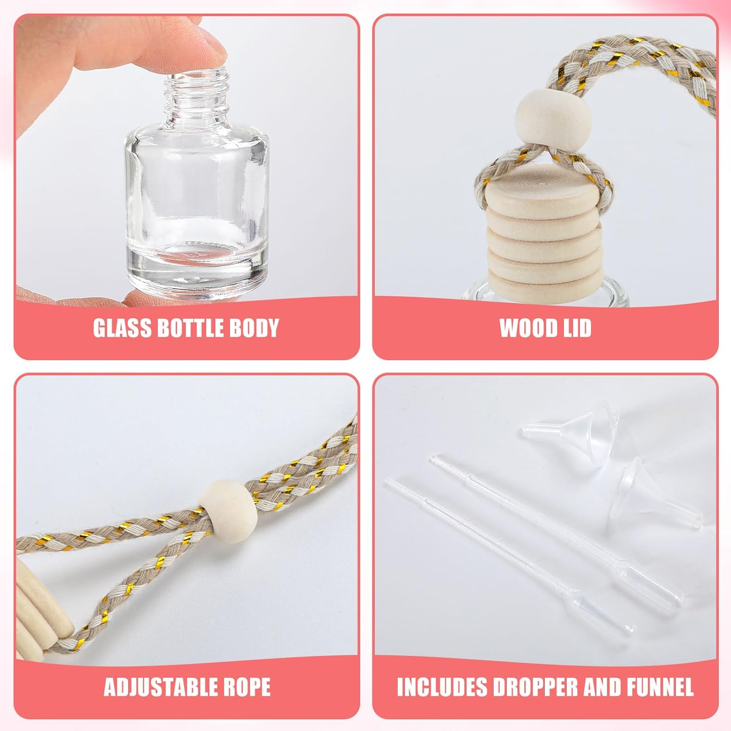Detalle 2 de 240 Pcs Car Diffuser Bottle Set with Wooden Caps, Drops and Funnel – DIY Car Air Freshener Bottles (Clear Glass, 240-Pack)
