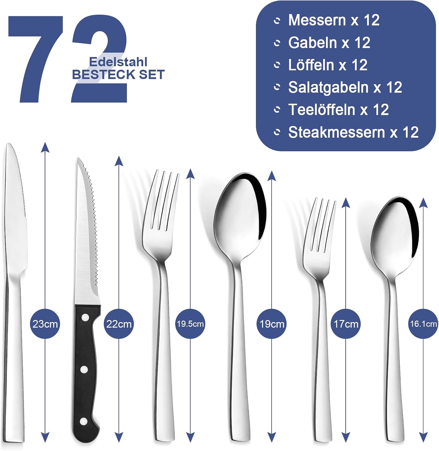 Thumbnail 1 de Besteck-Set für 12 Personen, Bastwe 72-teiliges Edelstahl Besteckset mit Steakmessern – spülmaschinenfest