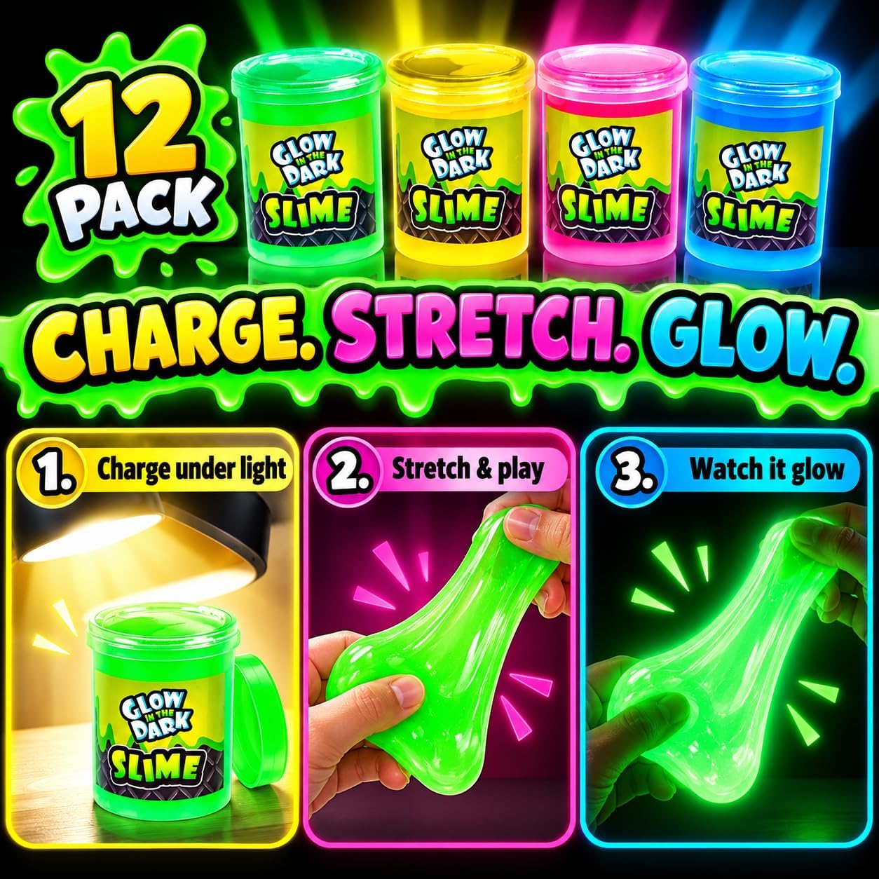 Detalle de Playbees Glow in the Dark Slime Kit, 12-Pack Party Favors in Four Colors