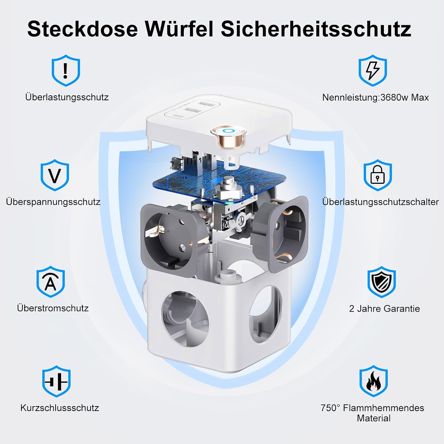 Detalle de Beizkna Steckdosenwürfel mit USB-C: 3-fach Mehrfachsteckdose mit Überspannungsschutz, Schalter und 1,5 m Kabel