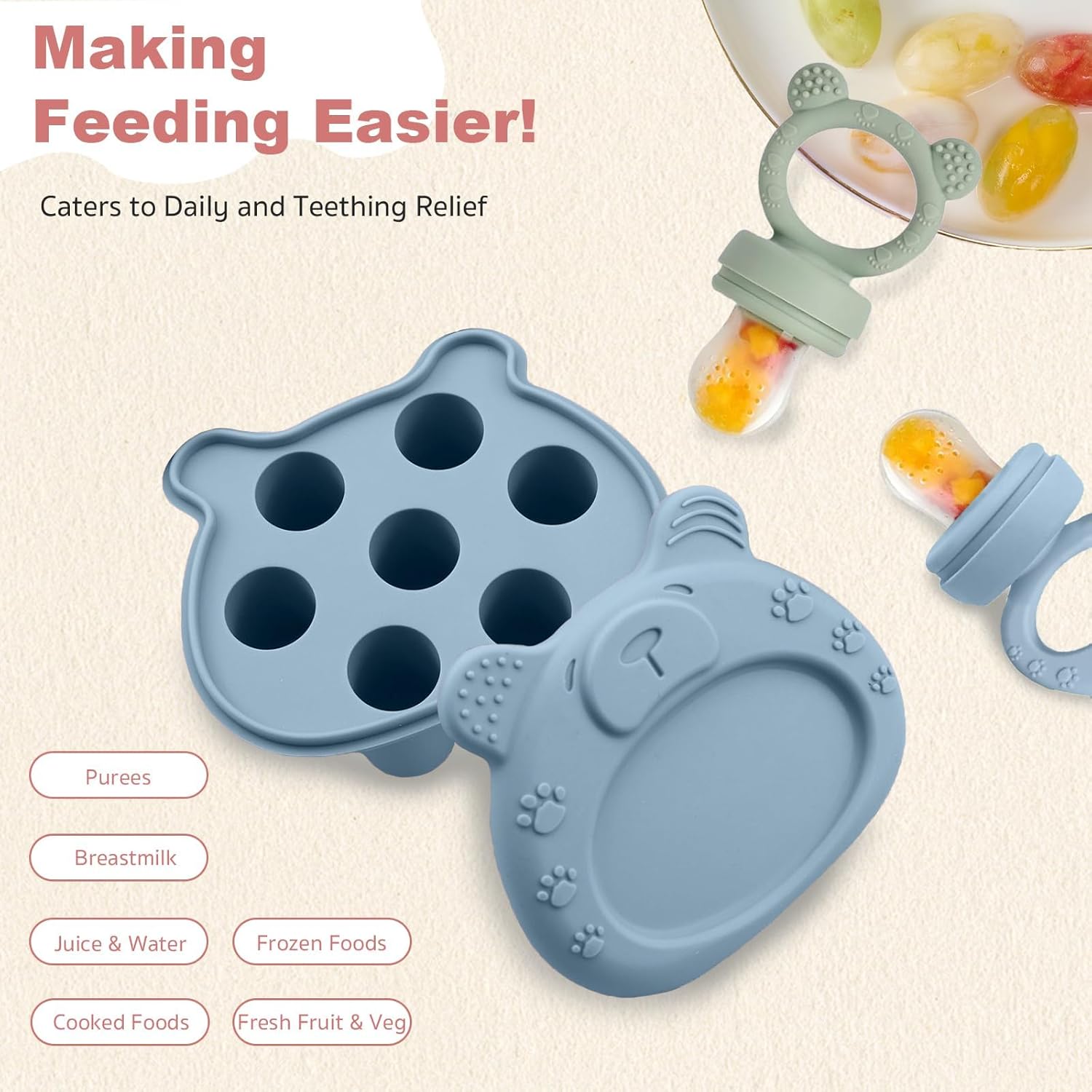 Detalle 2 de Fruit Feeder for Babies (4M+) - Bears Green/Blue-cp 3Pack with Teething Dummy & Freezer Tray