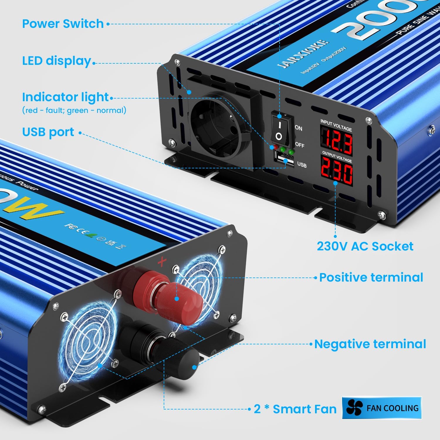 Thumbnail 5 de JARXIOKE Wechselrichter 2000 W Reiner Sinus 12V auf 230V (mit USB, LED-Anzeige, AC-Steckdosen)