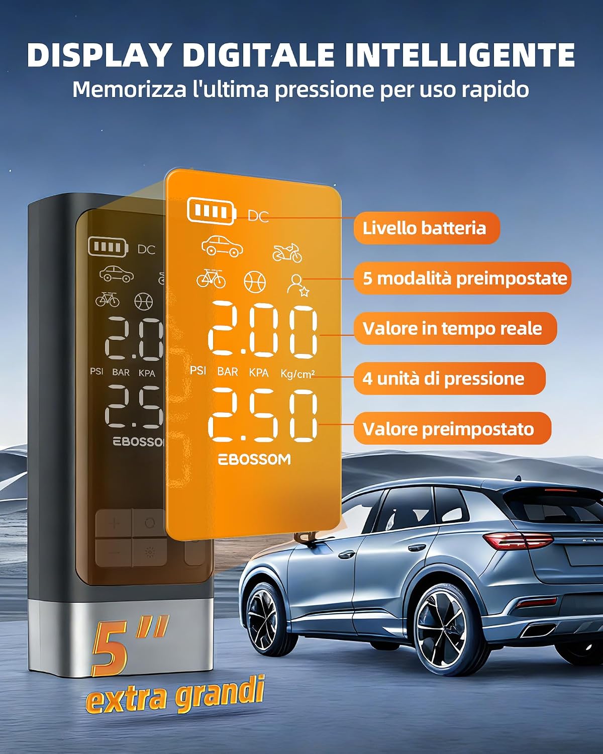 Detalle de Compressore Aria Portatile Auto 10,3 Bar – Kit Emergenza Multifunzione con LED e Batteria 2500 mAh