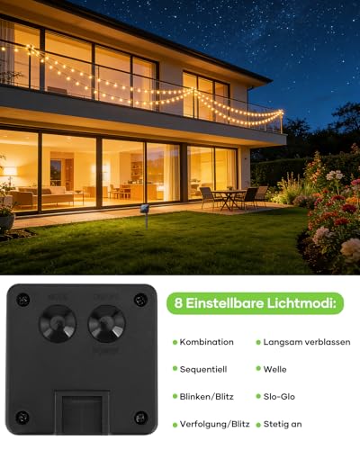 Detalle de Suright Solar-Lichterkette Außen 14 m, 60 LED – IP65, 8 Modi, warmweiß