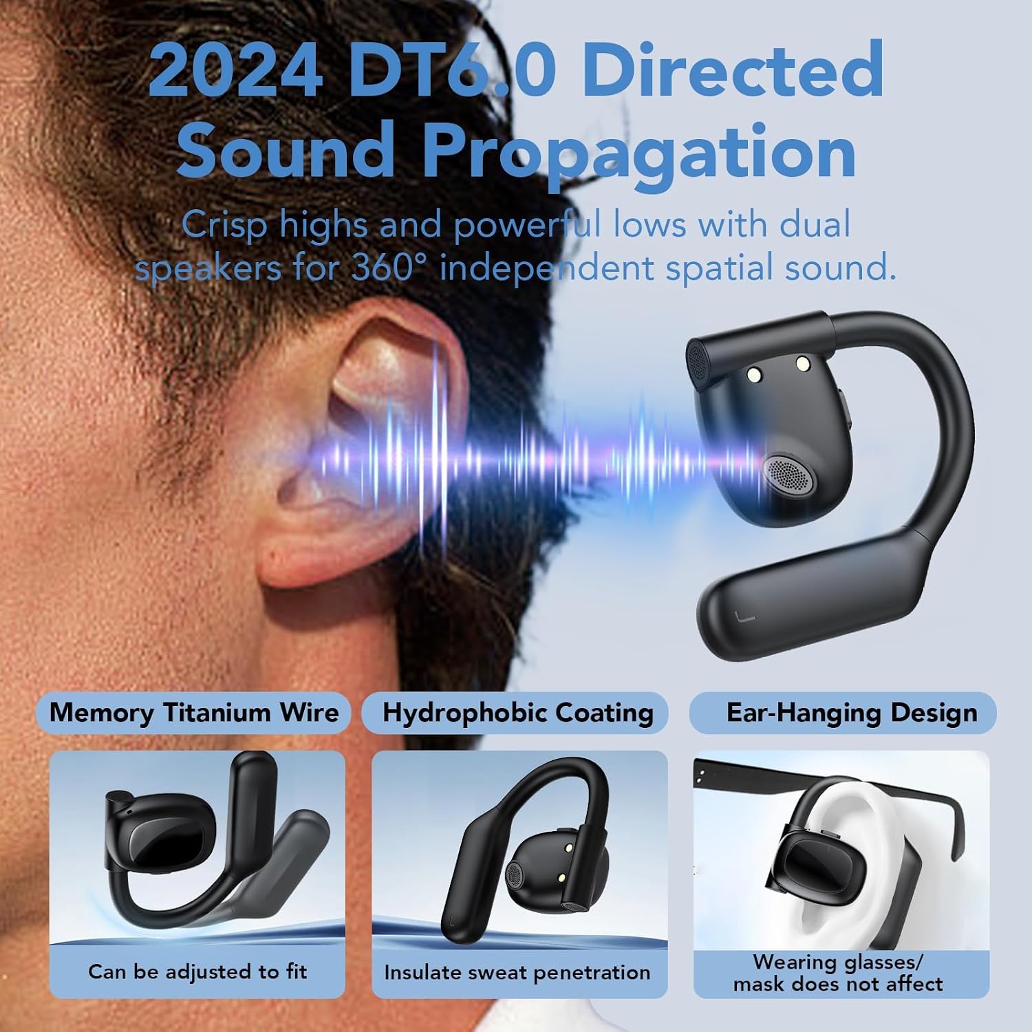 Detalle de Hendari Open Ear Headphones with Air Conduction and Bluetooth 5.3