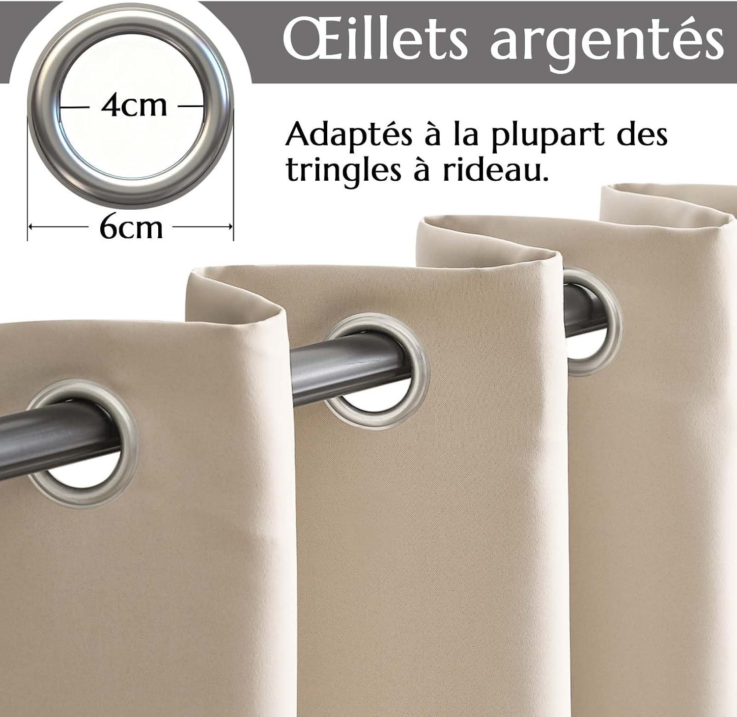 Detalle de TOPICK Rideau occultant à œillets – Lot de 2 175x140 cm, beige, isolation lumineuse