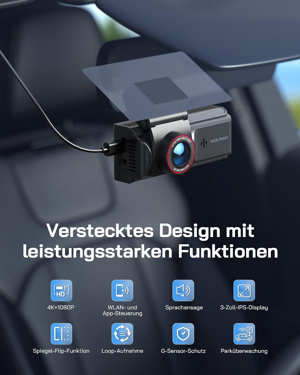 Detalle de WOLFANG 4K Dashcam Auto Vorne & Hinten – Dual‑Cam mit WLAN, 3" IPS Bildschirm, 170° Weitwinkel