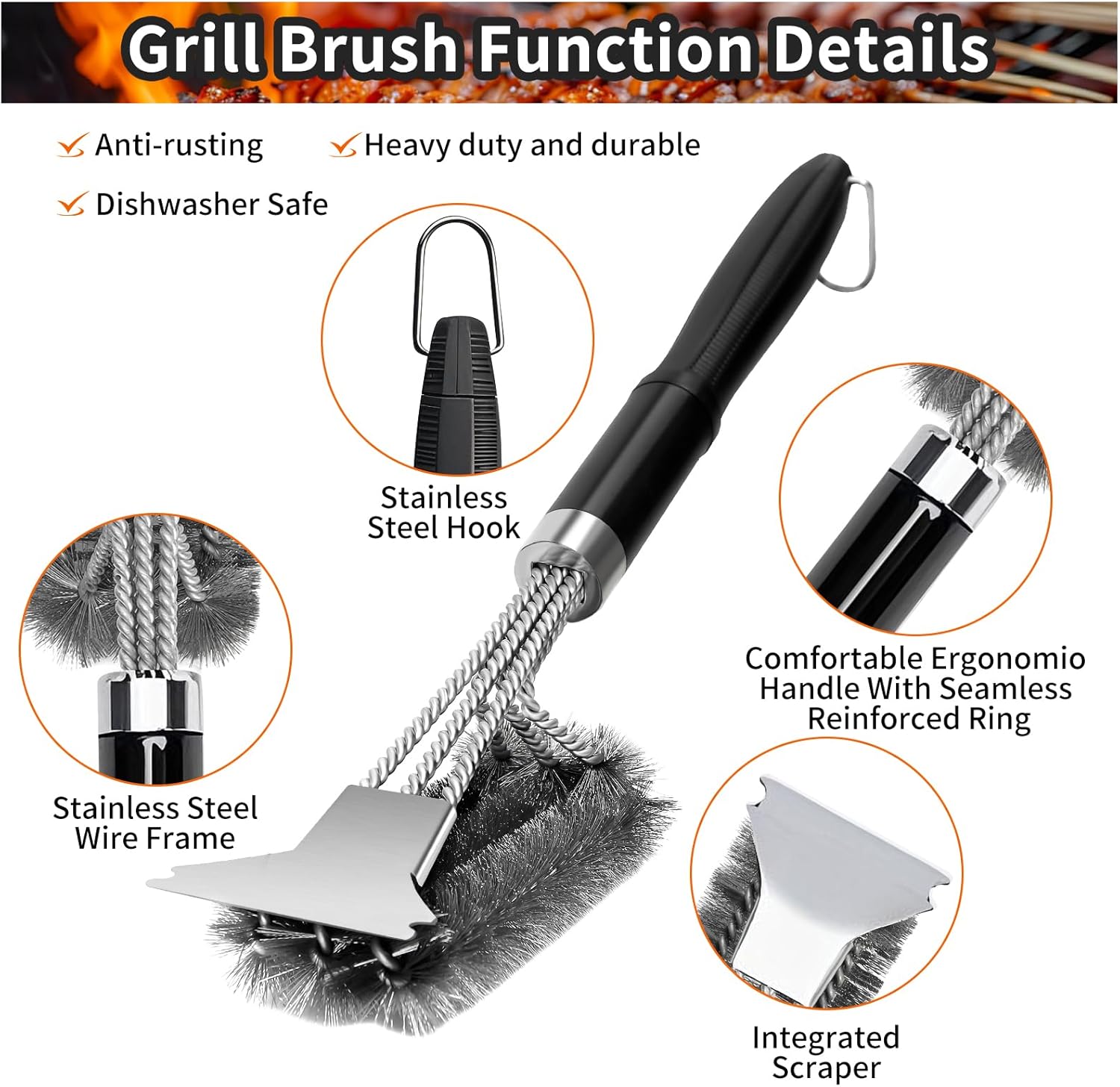 Thumbnail 2 de CNMTCCO 45cm Extra Long Grill Brush and Scraper – Stainless Steel BBQ Cleaner with 360° Bristles