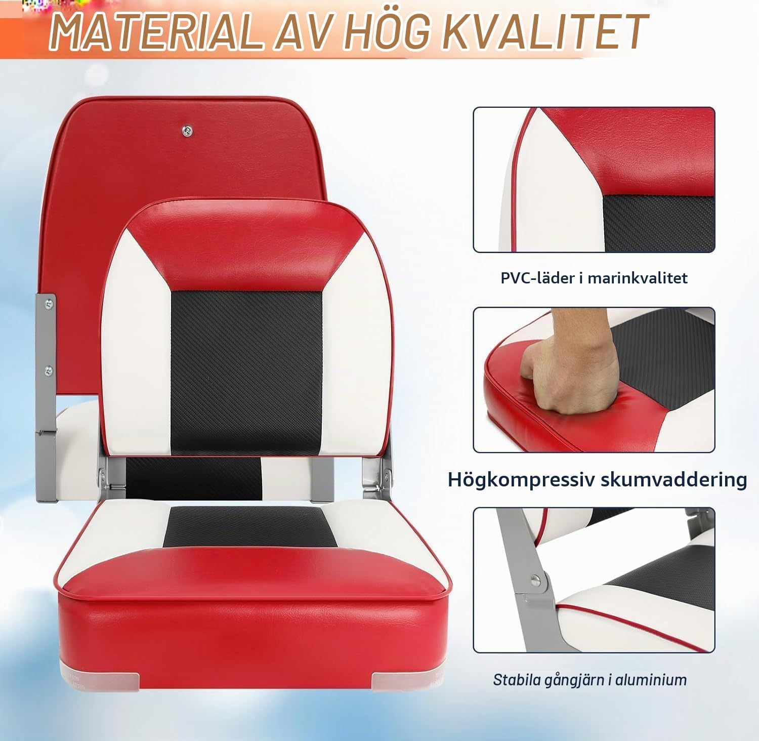 Detalle 2 de CYUREAY BS01 båtsäten, 2-pack – hopfällbara i röd/vit PVC