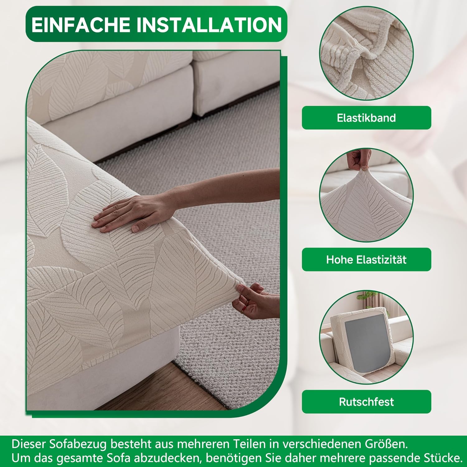 Thumbnail 3 de OHSIO Sofa Überzug – universeller elastischer Sofabezug für Sitzkissen, rutschfest & waschbar (Elfenbein/Blattmuster)