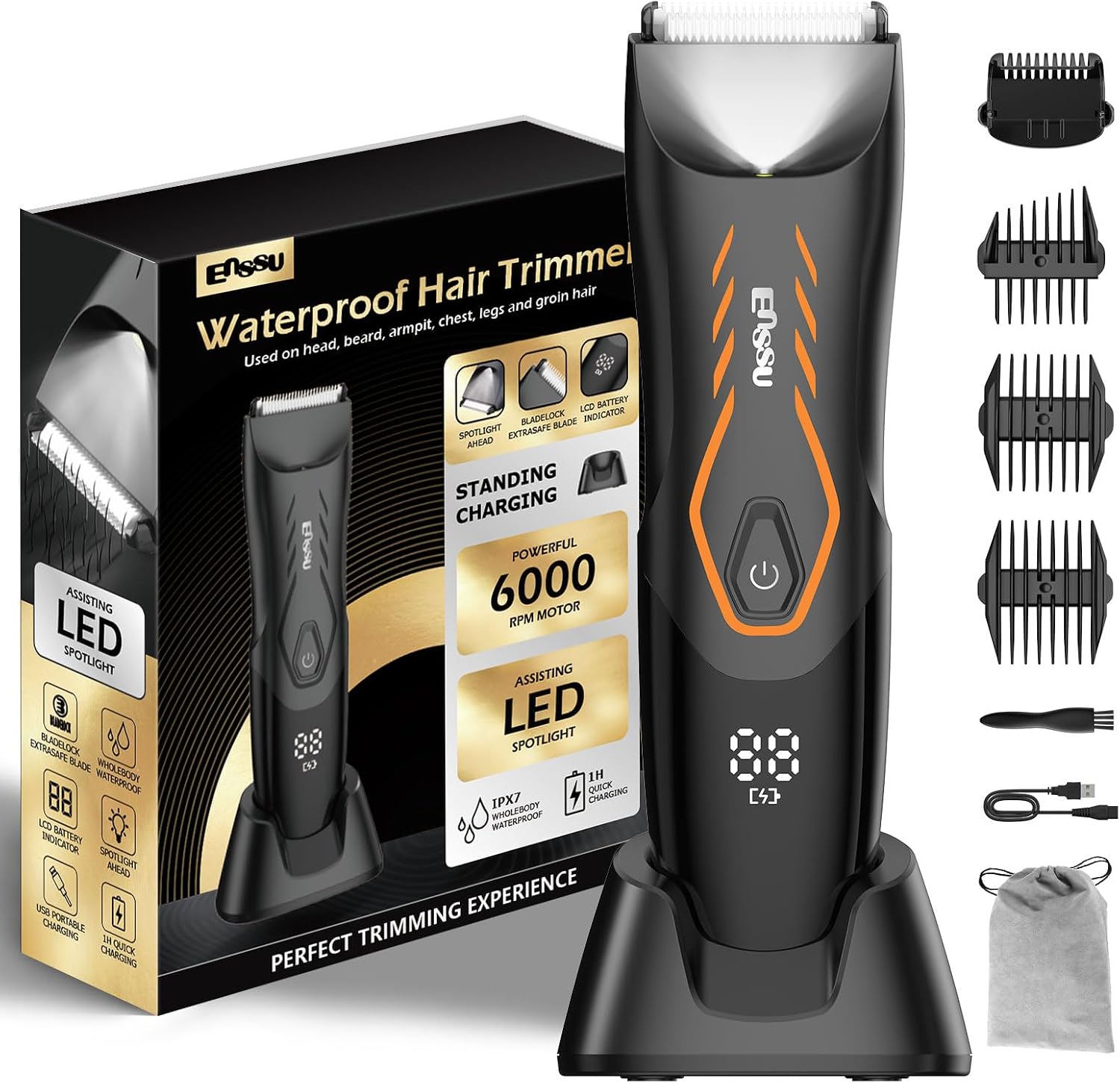 Detalle de ENSSU Manscape Body Hair Trimmer for Men: Safe, cordless groin grooming with light and dock