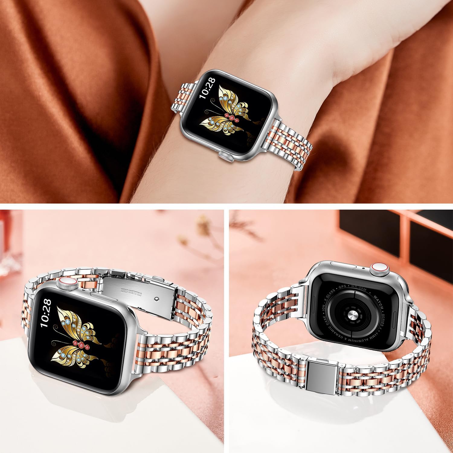 Thumbnail 1 de MioHHR Slim Straps stainless steel metal chain band for Apple Watch (38/40/41/42mm) – Silver/Rose Gold