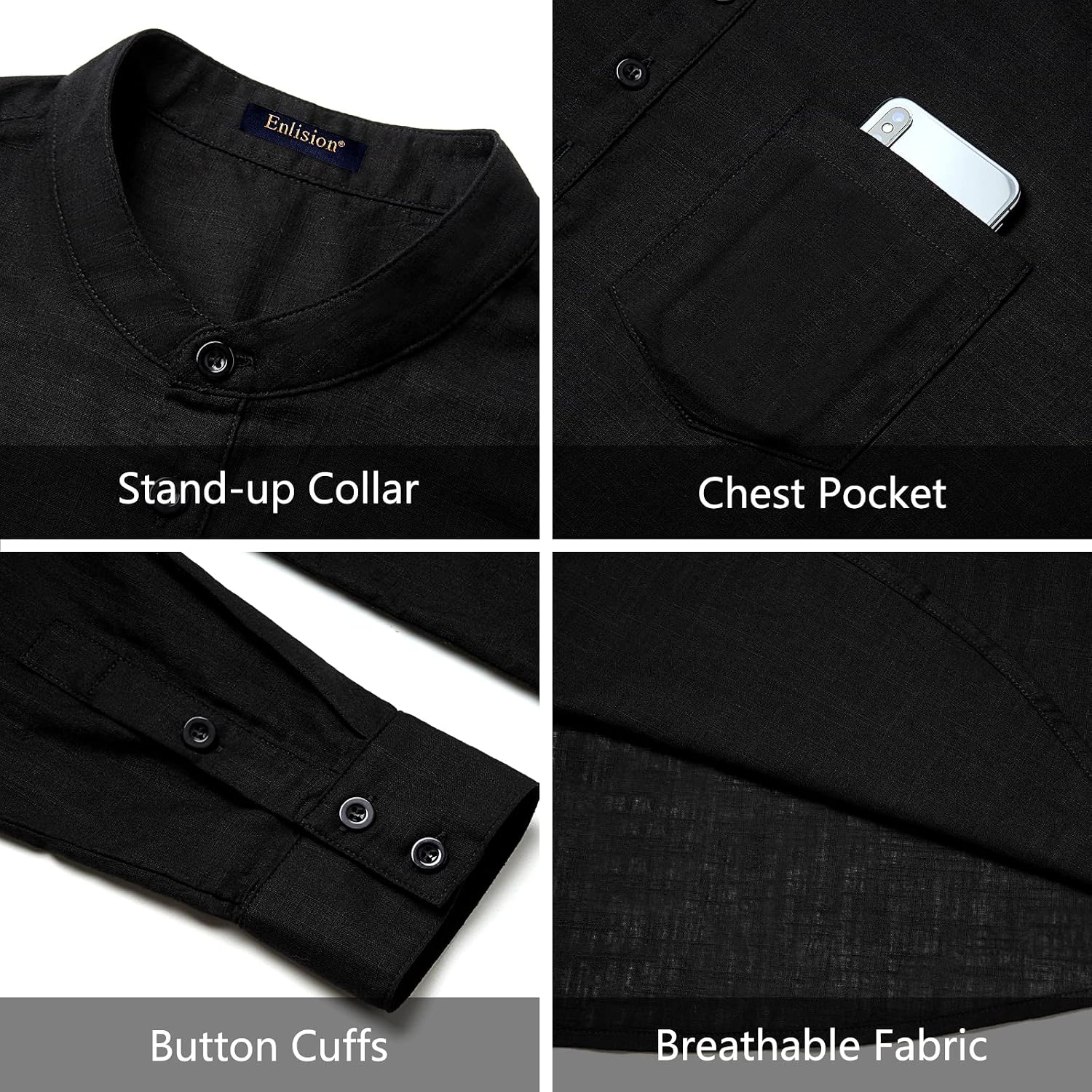 Thumbnail 4 de Enlision Mens Casual Cotton Linen Shirt Long Sleeve Button Down Summer Lightweight Henley Shirt Tops