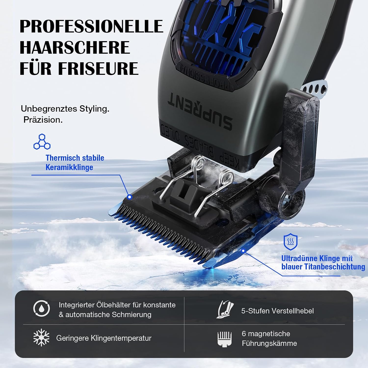 Detalle de SUPRENT HC586TX-3D4 professionele tondeuse met T-mes, keramische messen en USB-C