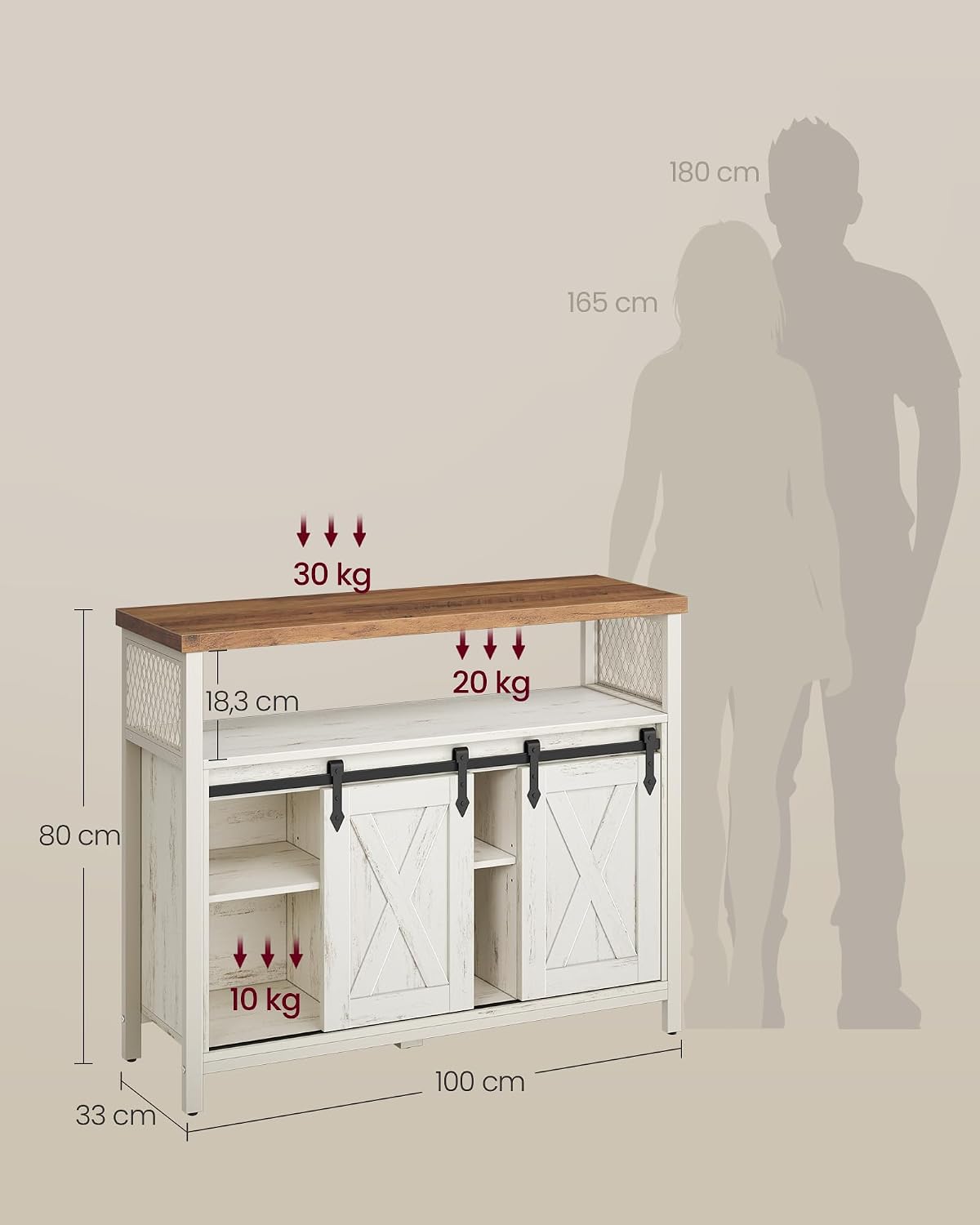 Detalle de VASAGLE Daxton LSC092W01 dressoir met schuifdeuren en verstelbare legplanken