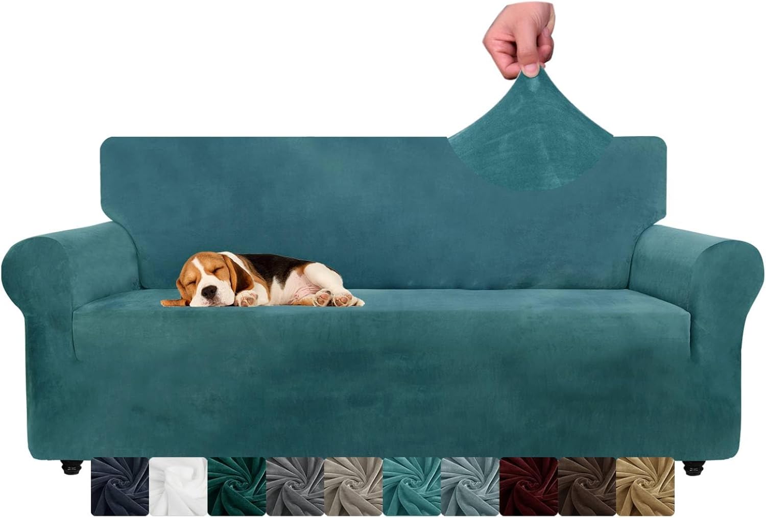 CHELZEN Velvet Couch Covers 3 Seater: Thick Stretch Slipcover in Peacock Blue
