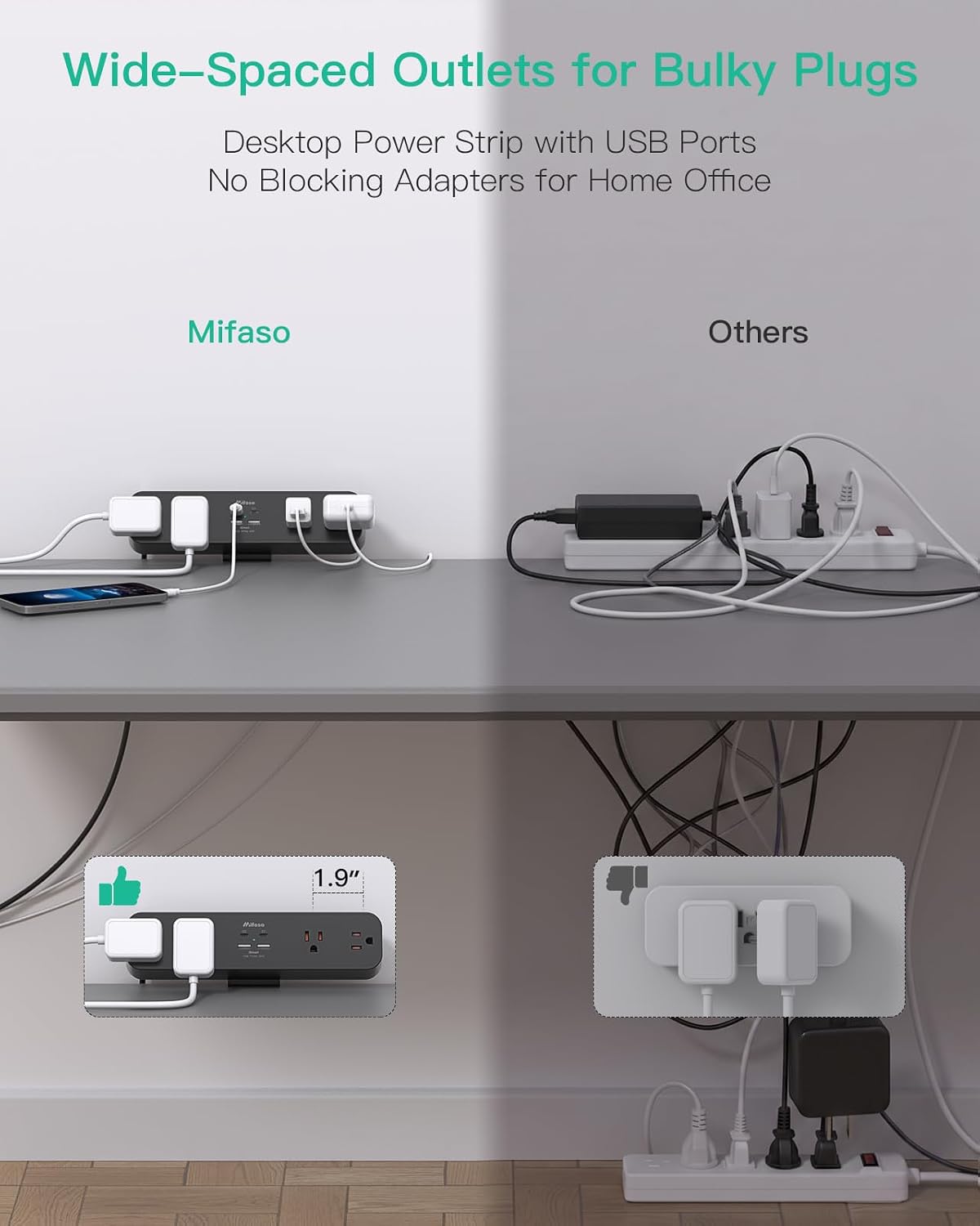 Detalle 2 de Mifaso Desk Clamp Power Strip with 10-Foot Cord
