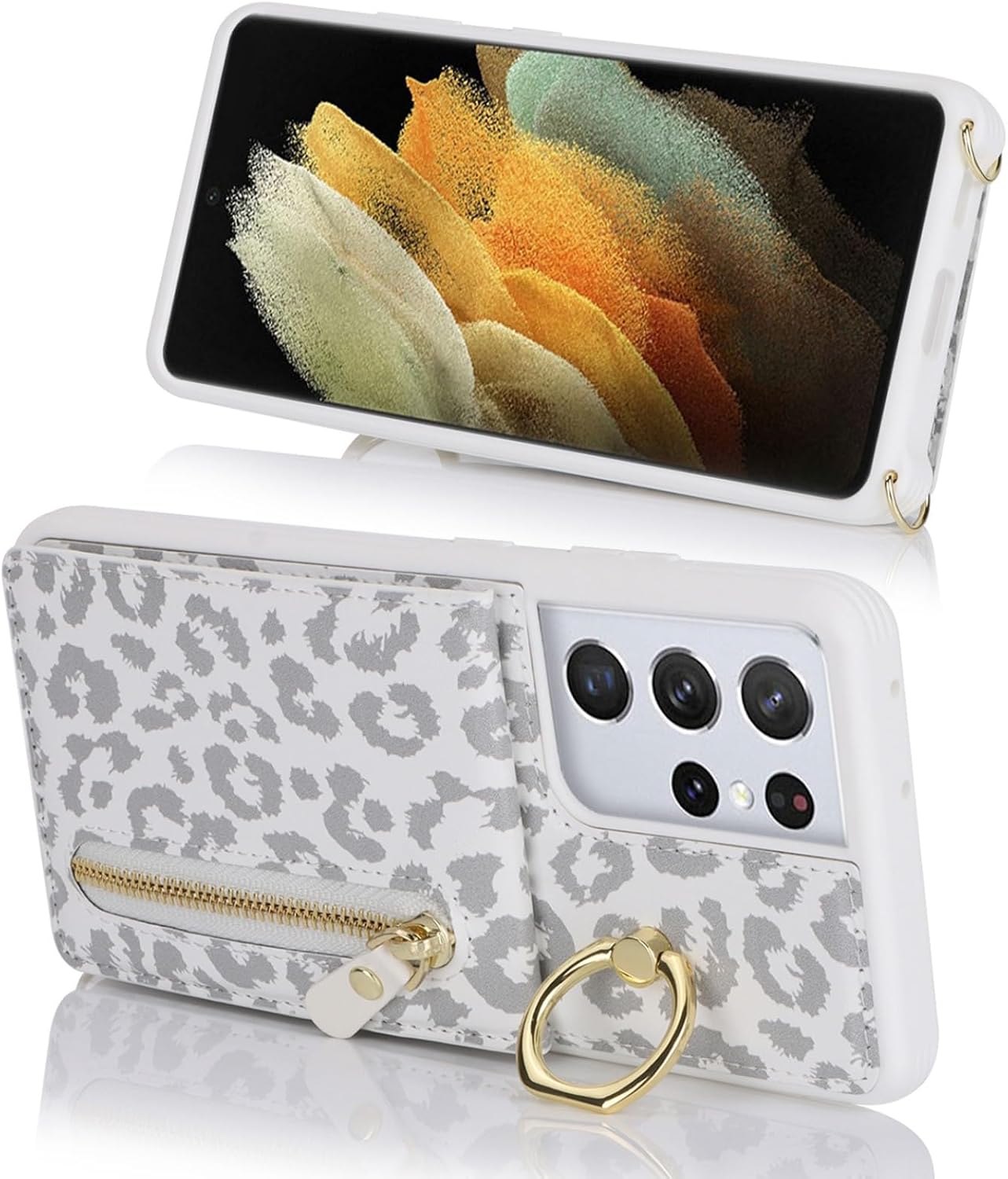 Thumbnail 4 de Zouzt Wallet Case with Cord for Samsung Galaxy S21 Ultra — White Leopard