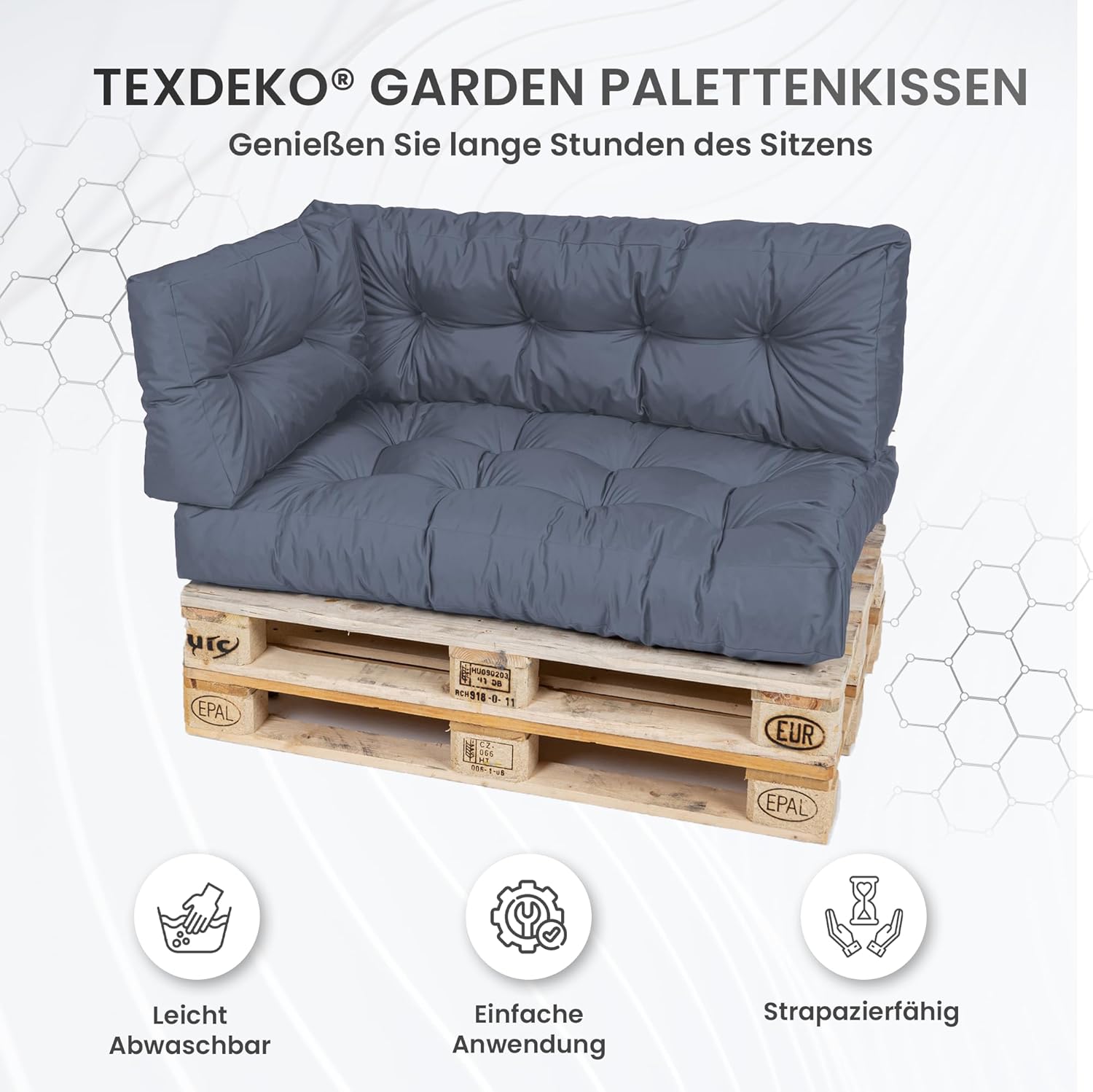Detalle de TexDeko® Garden Palettenkissen 120x80x18 cm wasserabweisend & UV-beständig (7-teilig) – Sitzkissen für Europaletten, Grau