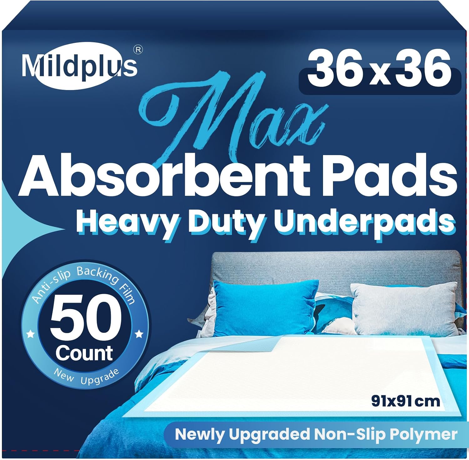 Detalle de MILDPLUS Heavy Duty Underpad 36x36 (125g, 50 Count) – 3XL, Blue
