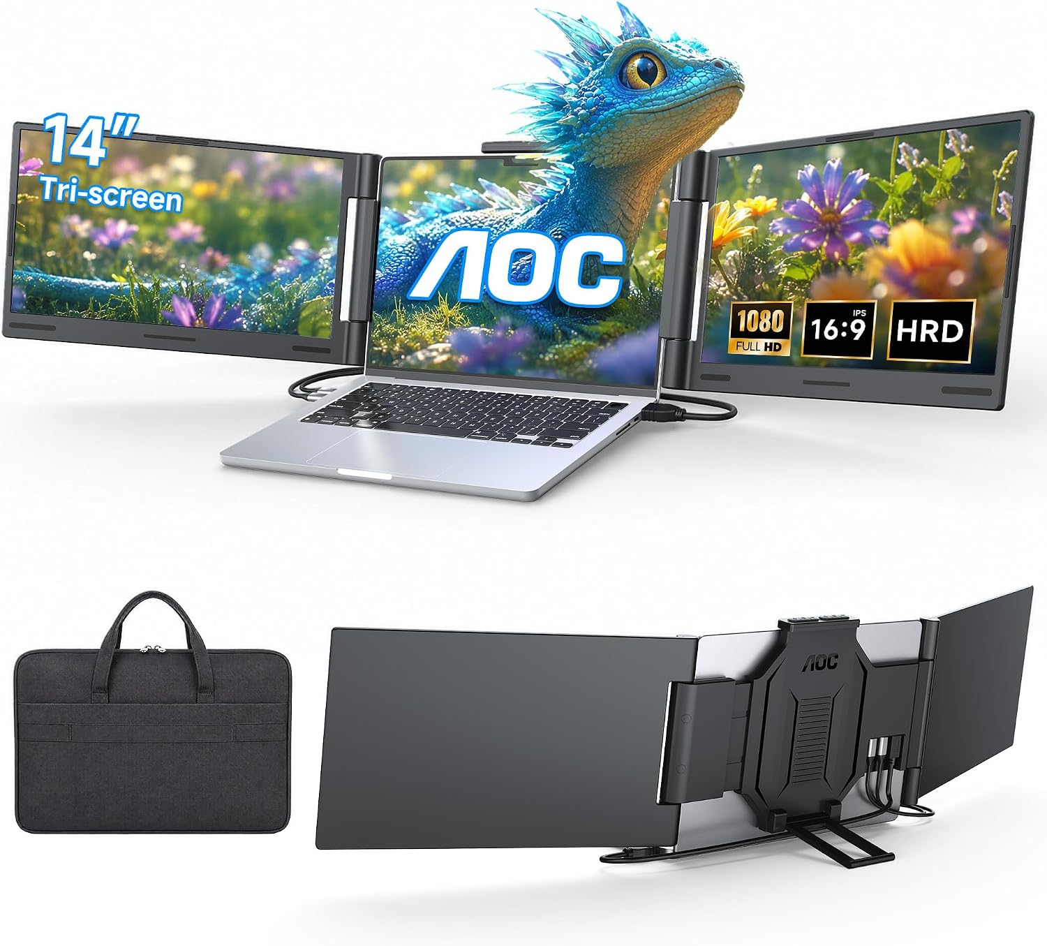 Detalle de AOC 14" Laptop Screen Extender: Triple Portable Monitor for 13"–17.3" Laptops