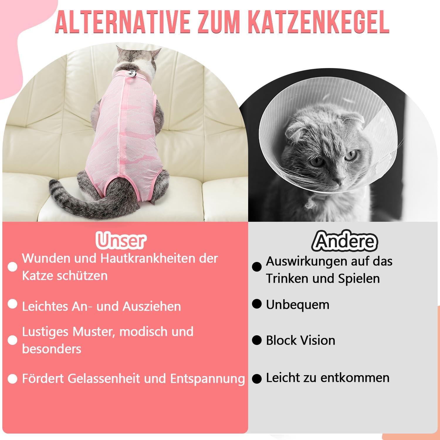 Thumbnail 6 de Eyein Katzenbody nach OP – atmungsaktiver, dehnbarer Erholungsanzug gegen Lecken & Kratzen (Hellrosa, M)