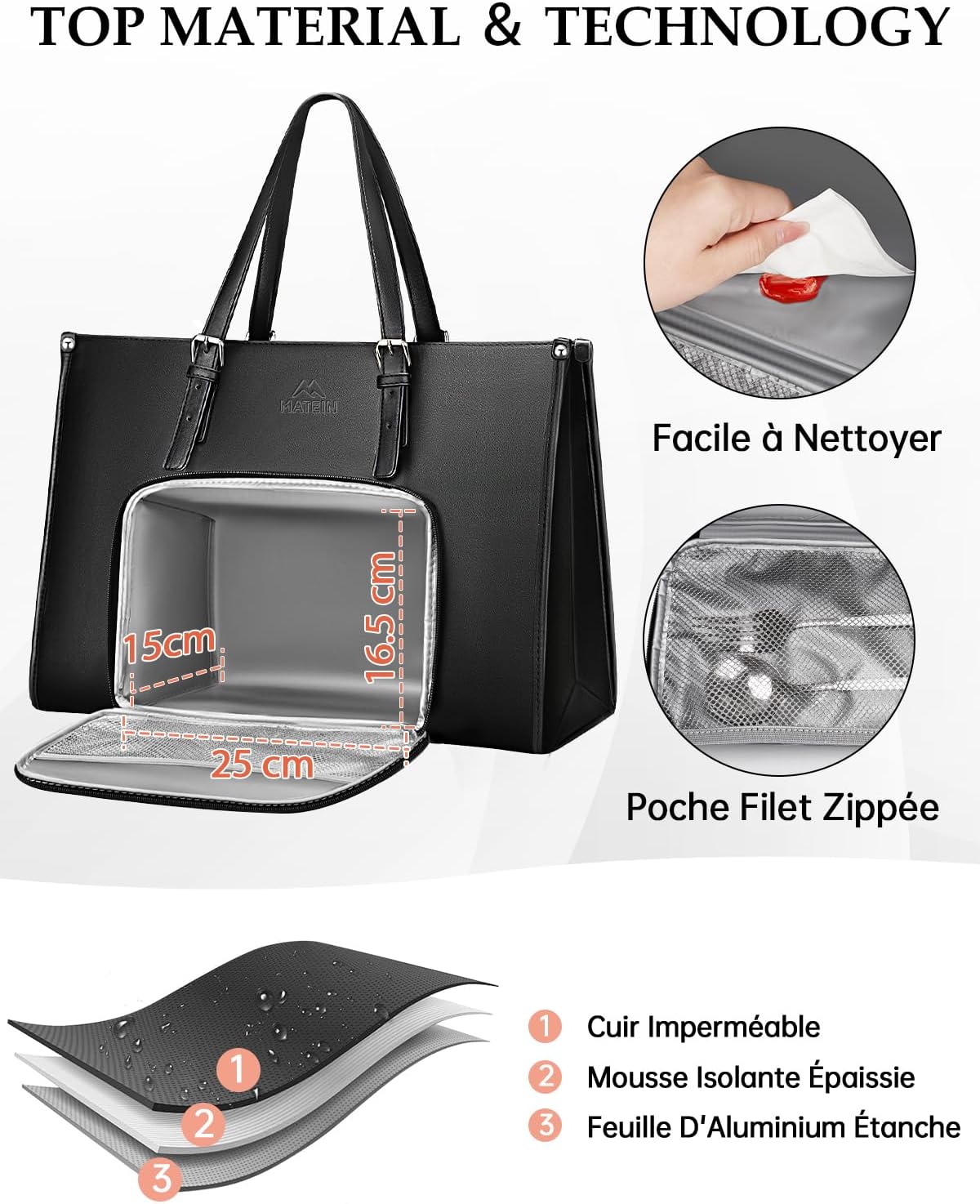 Thumbnail 5 de MATEIN Sac Cabas Femme Grand Format – Sac à Main 15,6" avec Compartiment Isotherme (Noir)