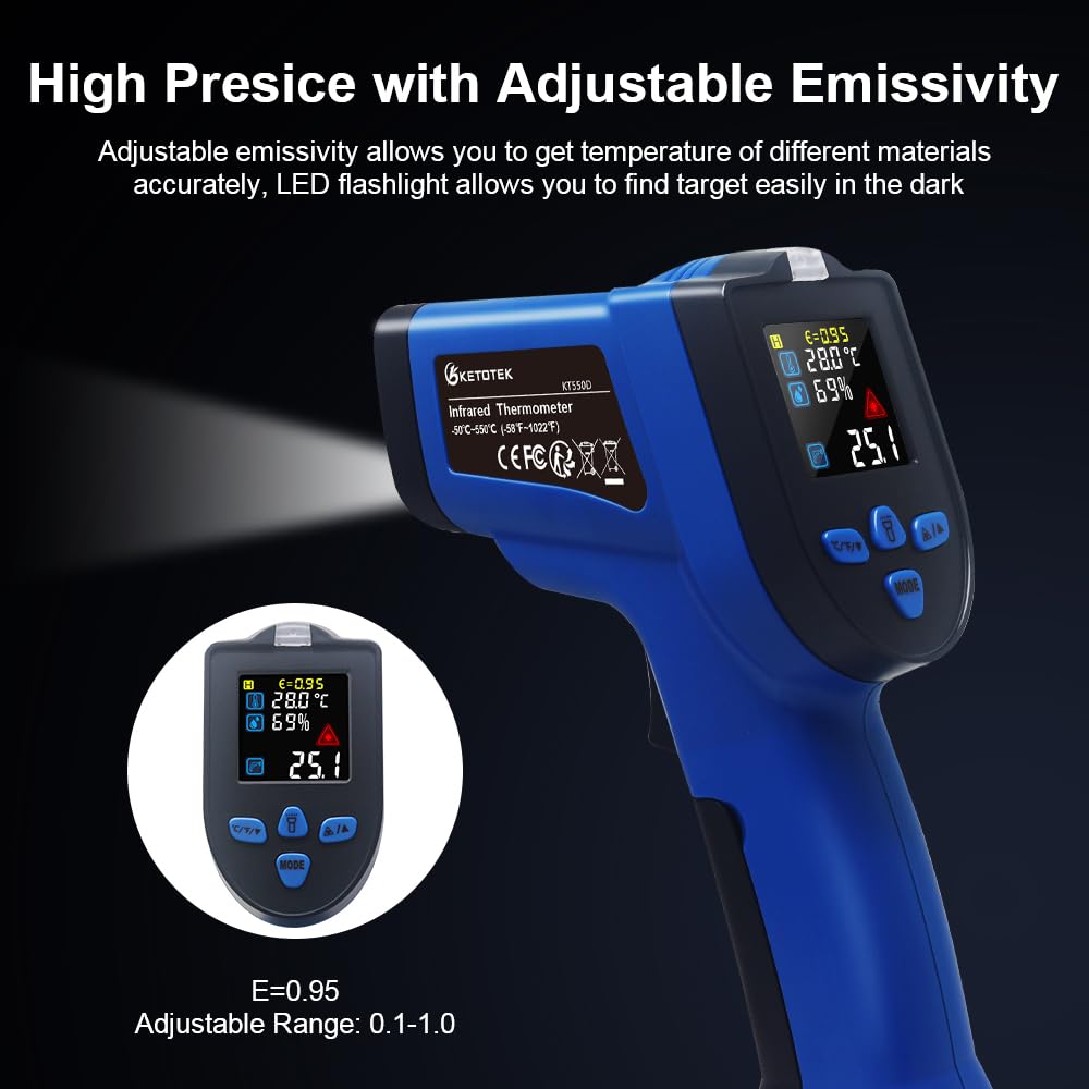 Thumbnail 2 de KETOTEK Termometro digitale a infrarossi “pistola laser” con sonda tipo K e NCV, doppio laser -50~550°C