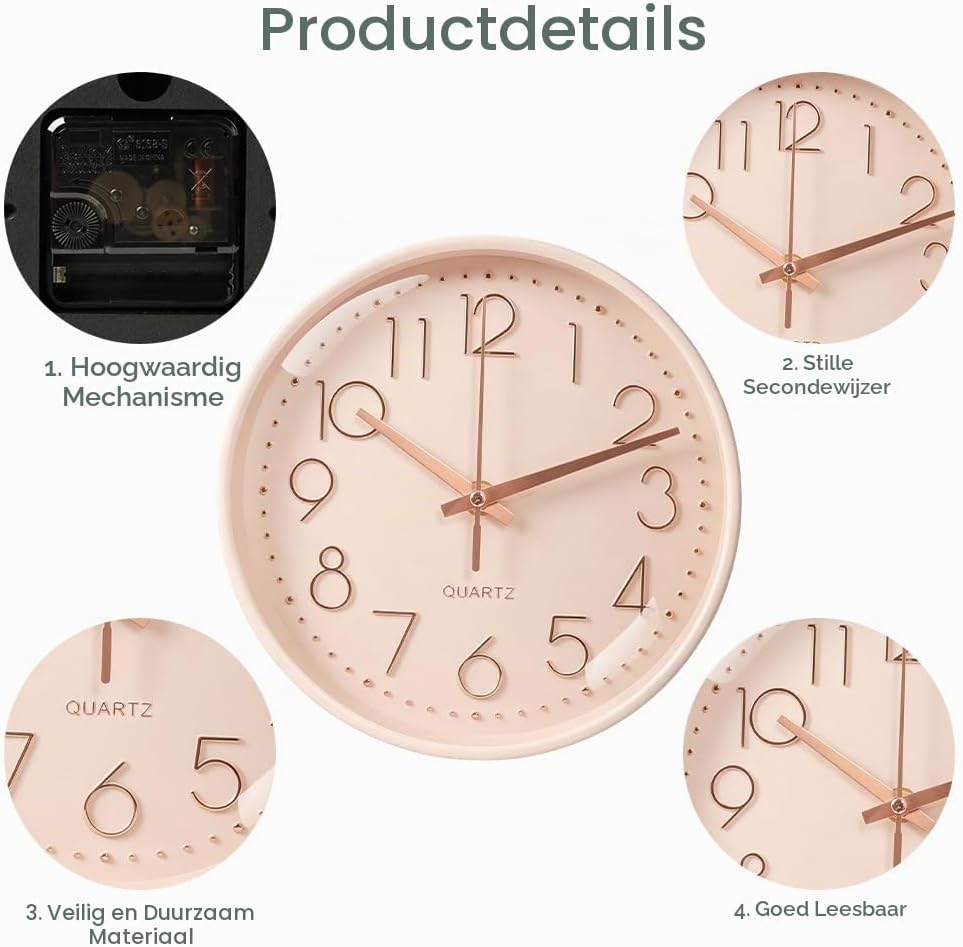 Detalle de Aolso 5720799 stille wandklok, 20 cm, roze en roségoud
