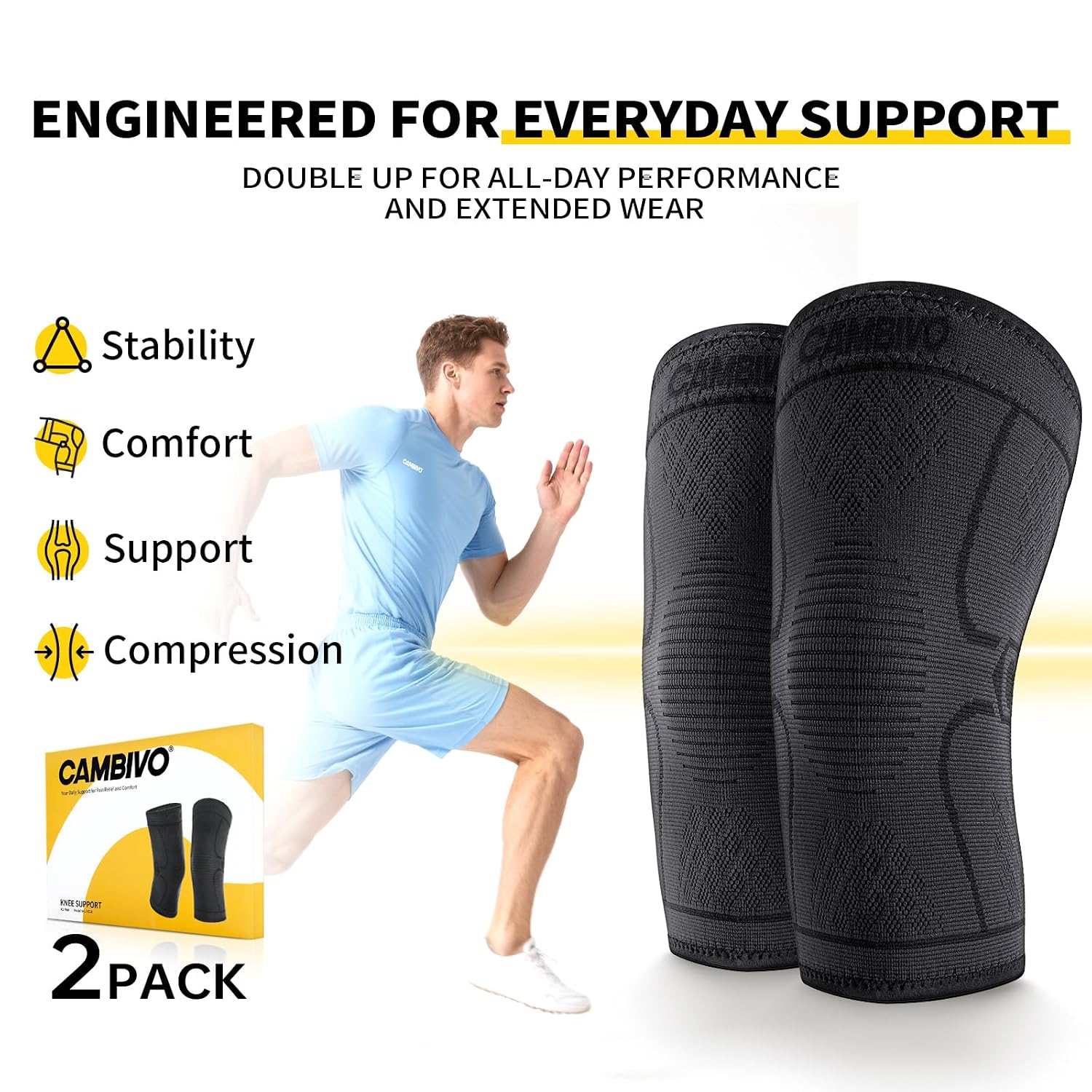 Thumbnail 4 de CAMBIVO NS10 Knee Compression Sleeves, 3D Knit, Breathable, Anti-Slip, 2-Pack