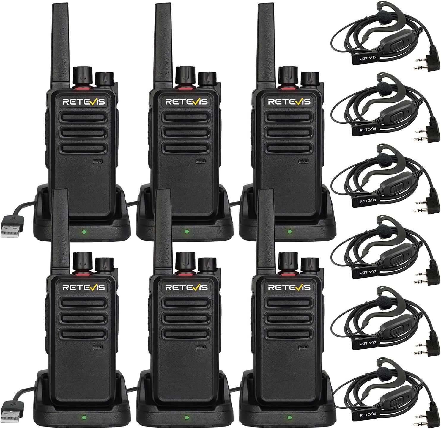 Detalle de Retevis RT68 Two-Way Radios with Earpiece (6 Pack) – Heavy-Duty, Long-Range, USB Charging Base