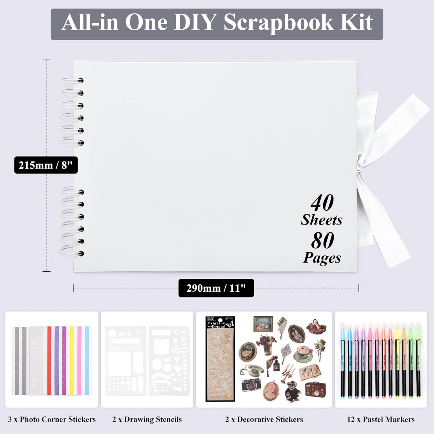 Thumbnail 1 de DazSpirit DIY Scrapbook Photo Album with Ribbon (80 Pages/40 Sheets) + 12 Markers & Stickers, White
