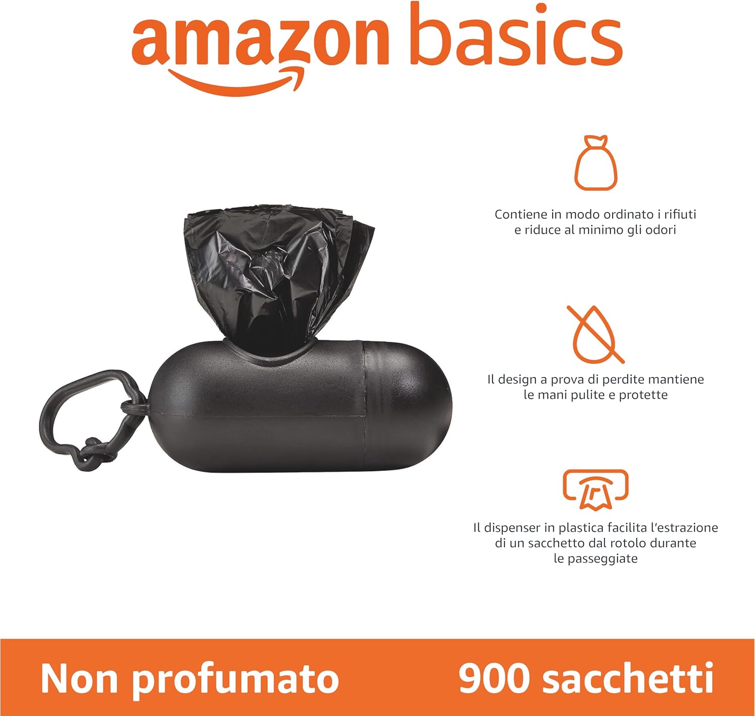 Detalle 2 de Amazon Basics Sacchetti igienici per cani con dispenser e clip per guinzaglio, 900 pezzi (60 rotoli da 15) – senza profumazione, dimensione 33 x 23 cm