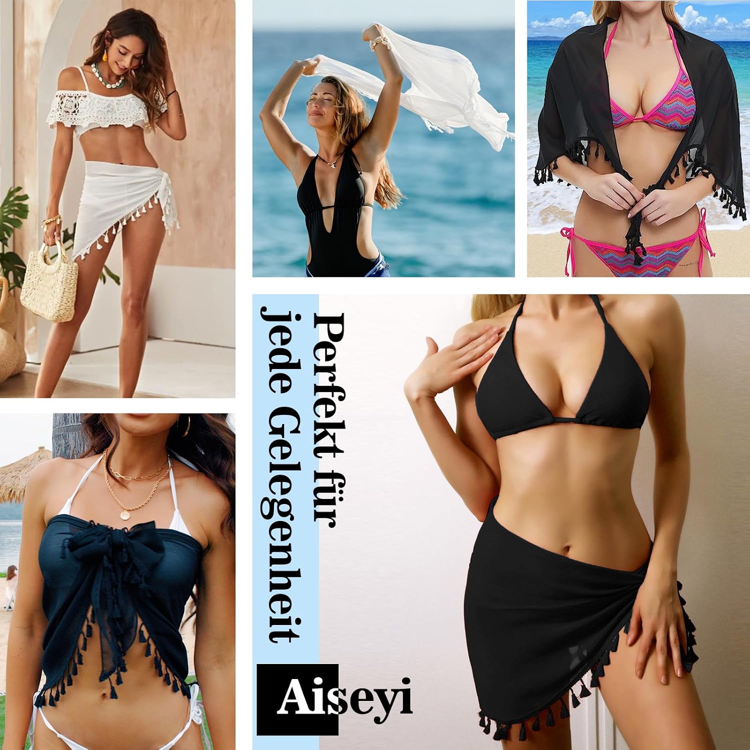 Detalle de Aiseyi Sarong lot de 2 jupes de plage en mousseline de soie avec franges (noir/blanc)