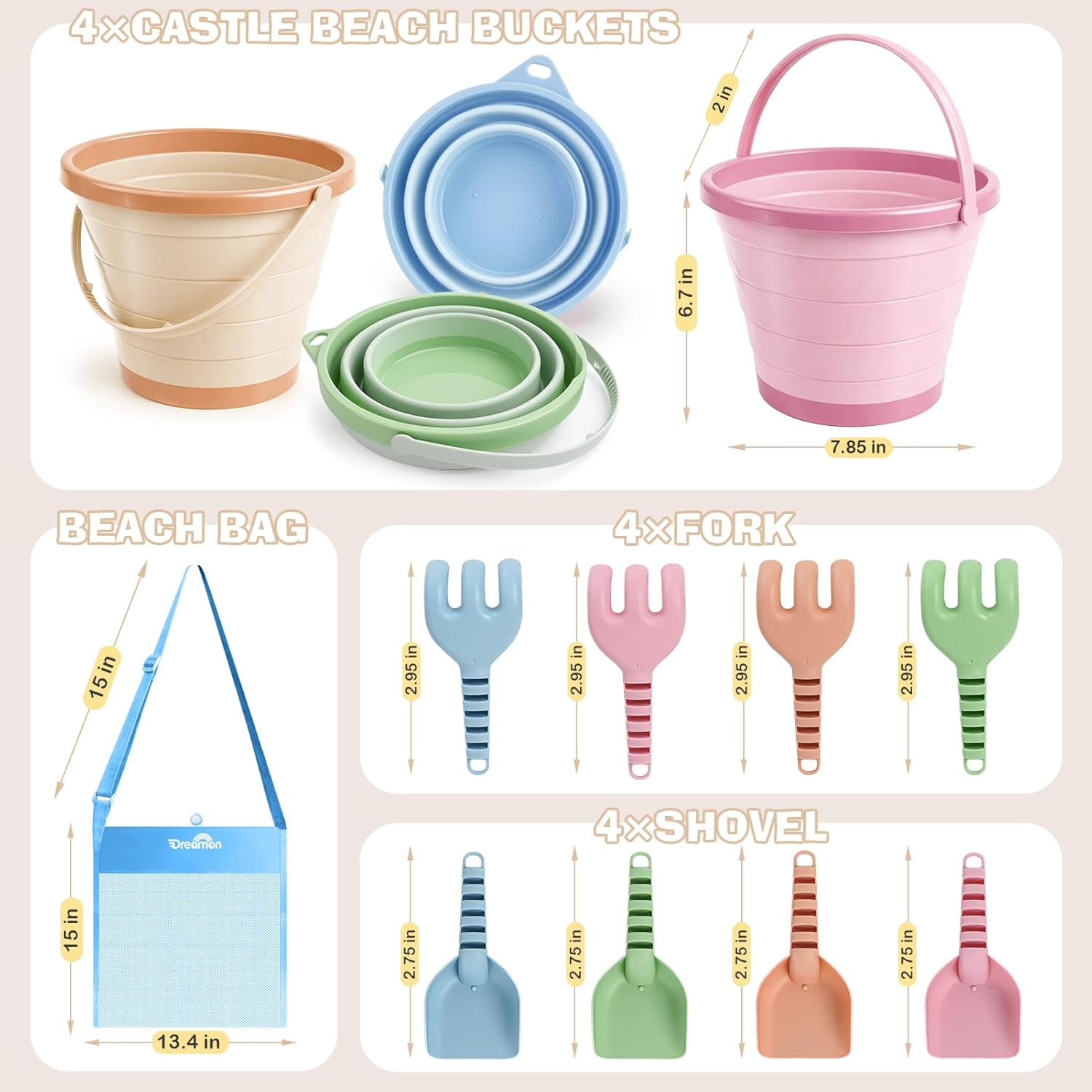 Thumbnail 1 de Dreamon Beach Toys – 13PCS Bucket and Spade Set for Kids with 4 Collapsible Buckets, 8 Spades and Mesh Bag