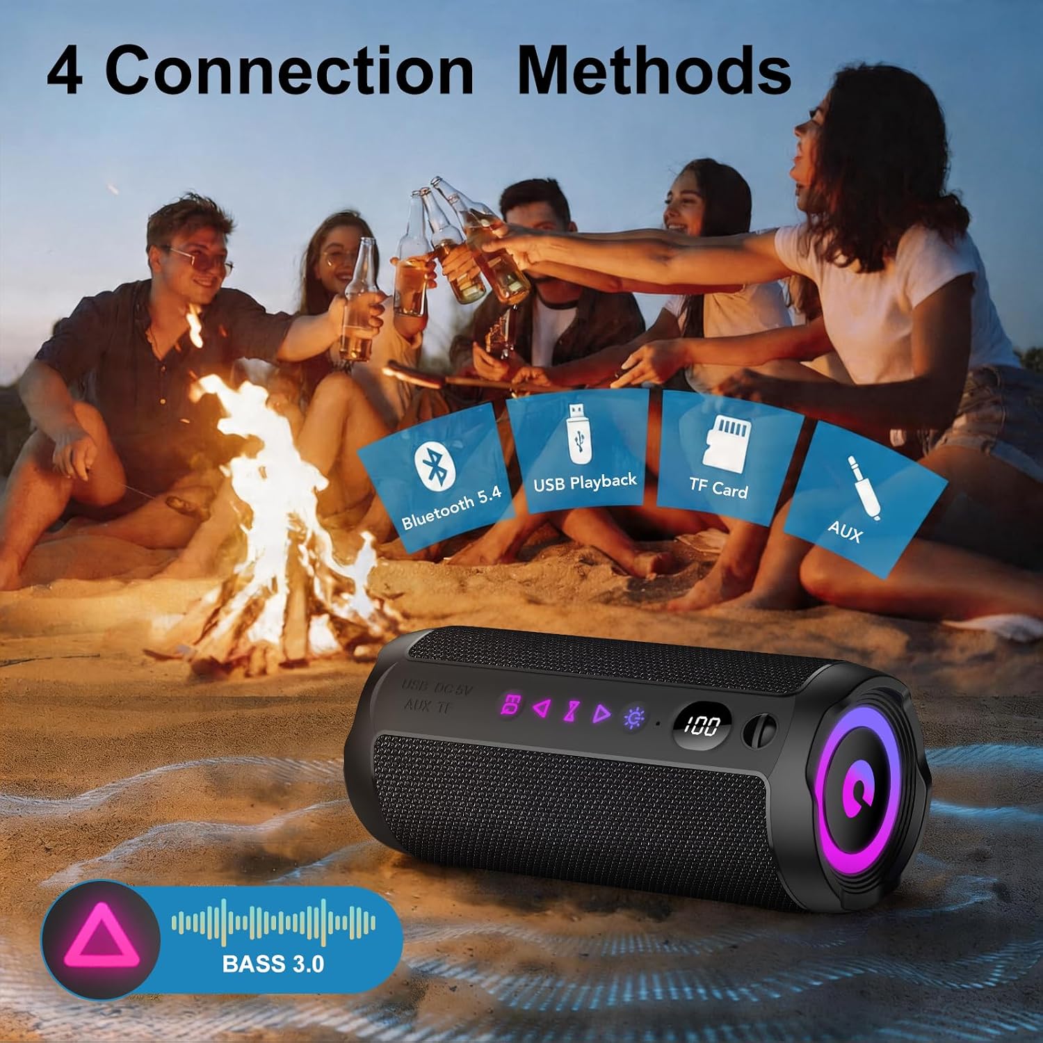 Detalle 2 de Altavoz Bluetooth Portatile da 25W: suono 360°, IPX7 e illuminazione RGB per feste all'aperto