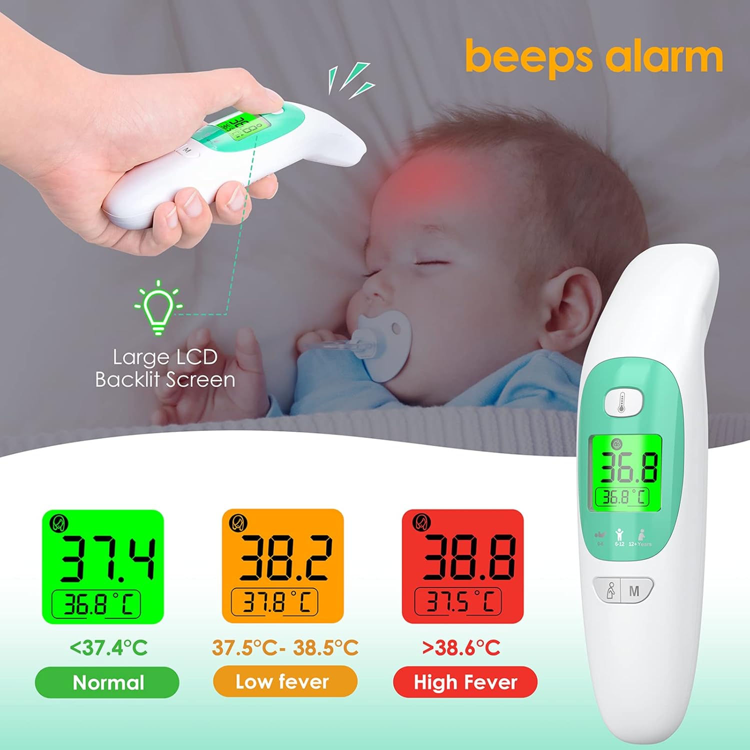 Thumbnail 2 de KKmier Non Contact Digital Forehead & Ear Thermometer (CE certificated) with 3-colour fever alarm