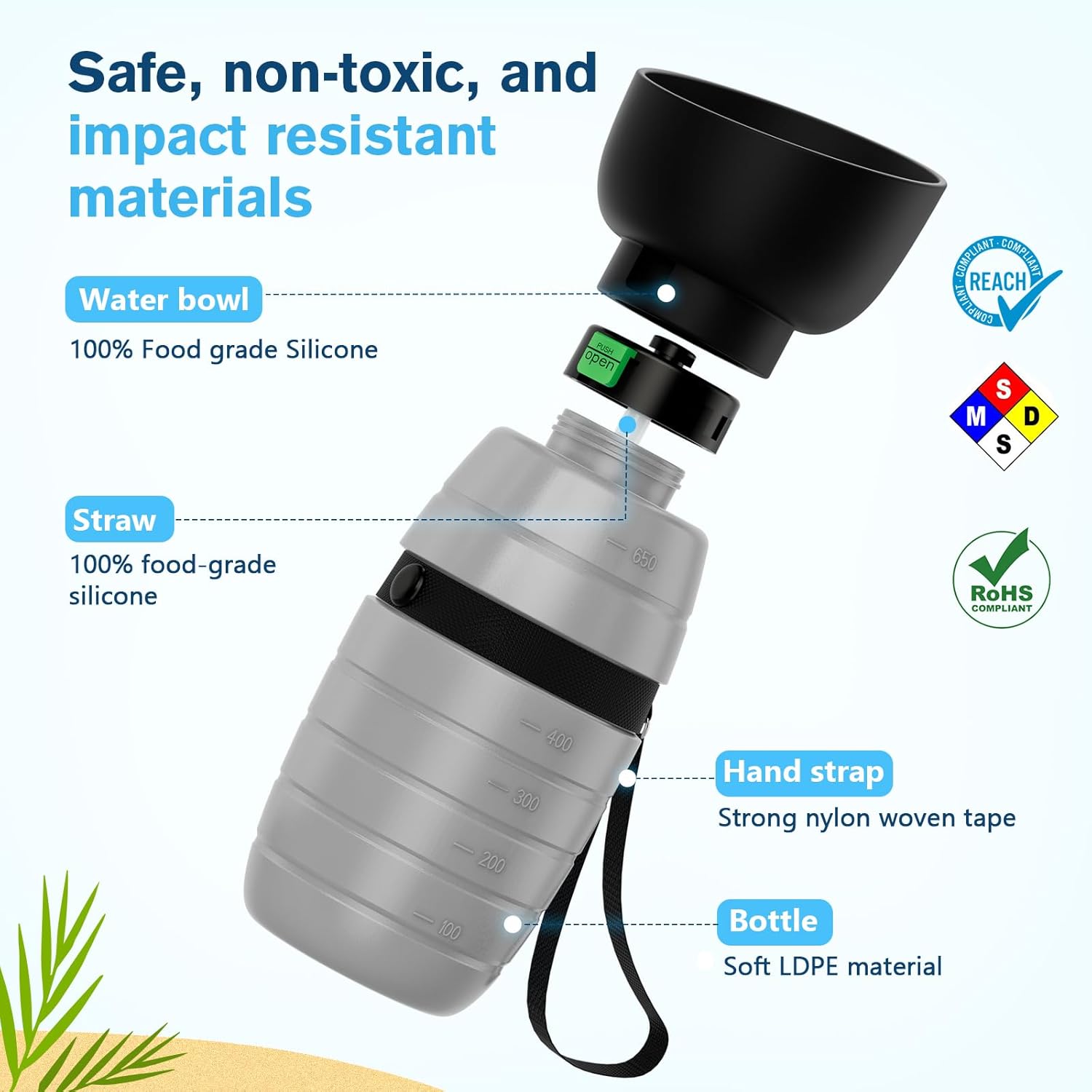 Detalle de Pecute 850ml All-in-One Dog Water Bottle with Foldable Bowl – Leak-Proof, Lightweight & Portable