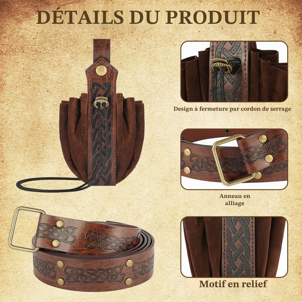 Detalle de AYBUY Ceinture Médiévale avec Relief Nordique et Sac de Ceinture Viking en Simili-Cuir – Brun-C