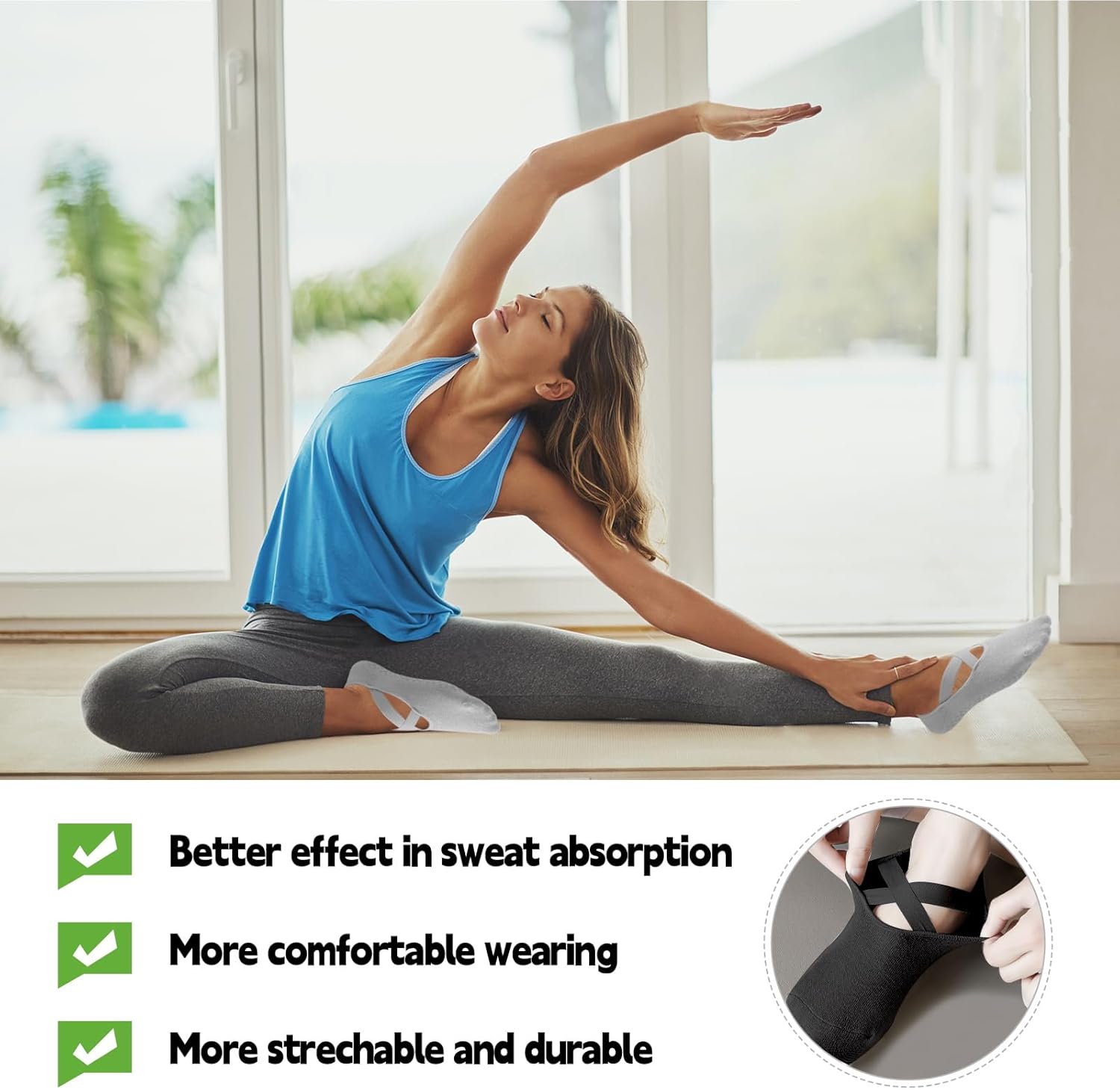 Thumbnail 3 de FICOFISE 6 Paar Rutschfeste Yoga Socken – Anti-Rutsch-Sohlen, atmungsaktiv, Kreuzgurten, Damen EU 34-40 (6 Farben)