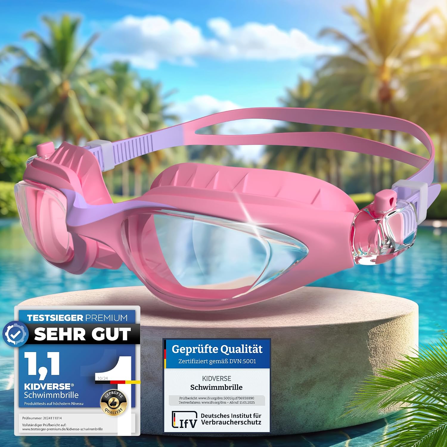 Detalle de KIDVERSE Schwimmbrille Kinder – Bequeme Taucherbrille für 3–13 Jahre mit UV-Schutz, Anti-Beschlag und passgenauer Dichtung