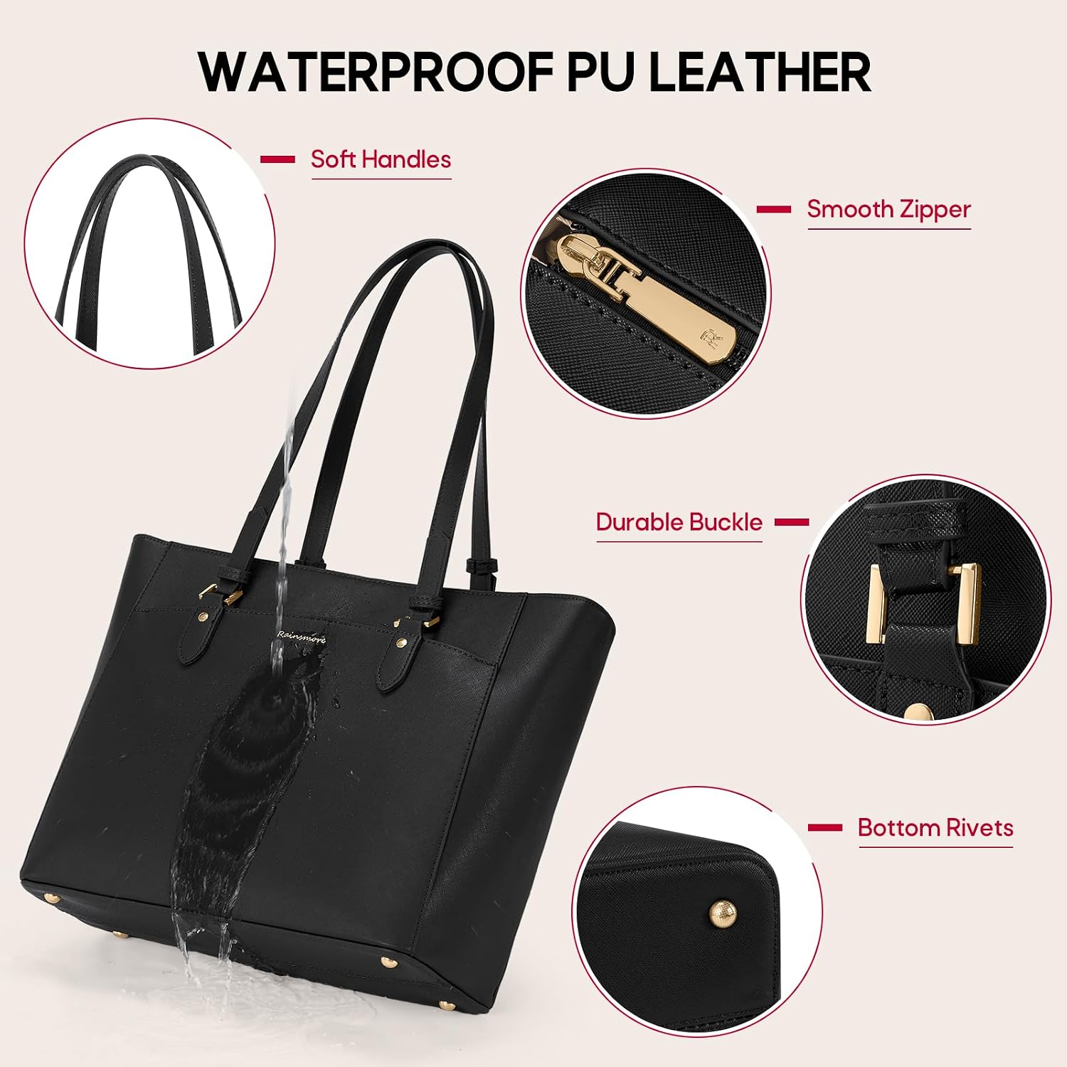 Detalle 2 de RAINSMORE Large Tote Bag for Women: Waterproof PU Leather, 14-Inch Laptop Compartment, Everyday Use