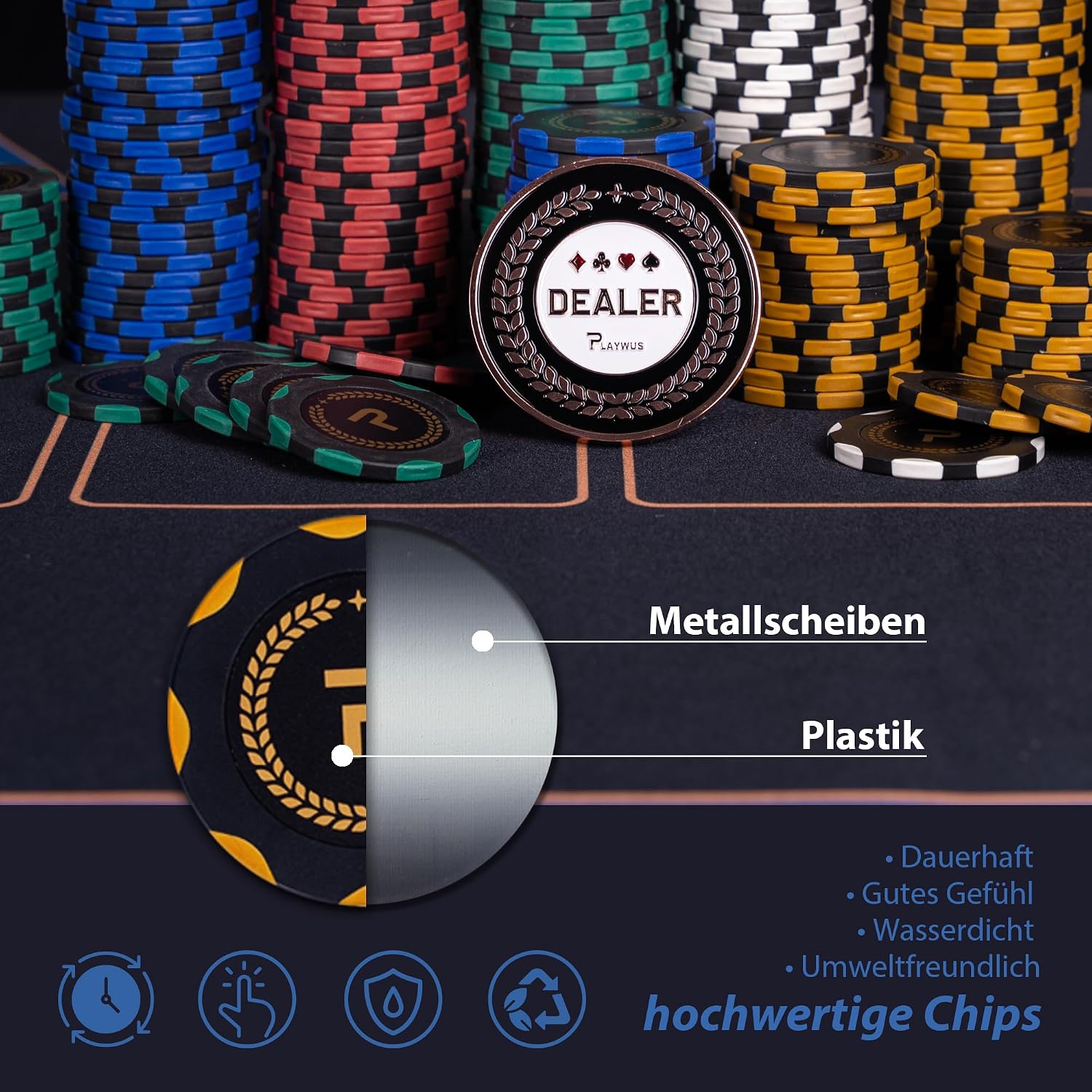 Detalle 2 de PLAYWUS Pokerkoffer mit 500 Laserchips, 2 Pokerdecks & 3 Button – Komplettset im Aluminiumkoffer