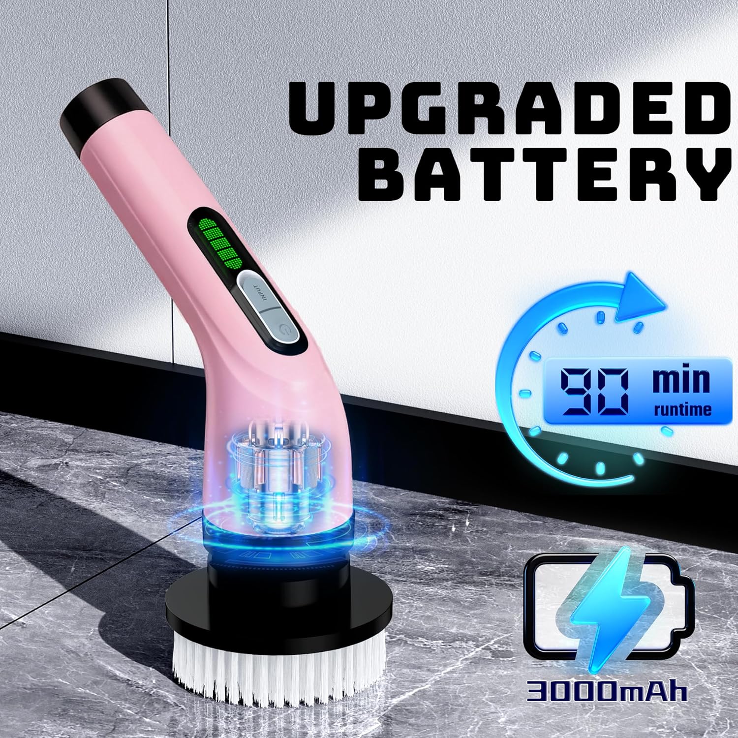 Detalle de Shower Scrubber with Long Handle: Cordless Electric Spin Scrubber with 7 Brush Heads (USB-C, IPX7)