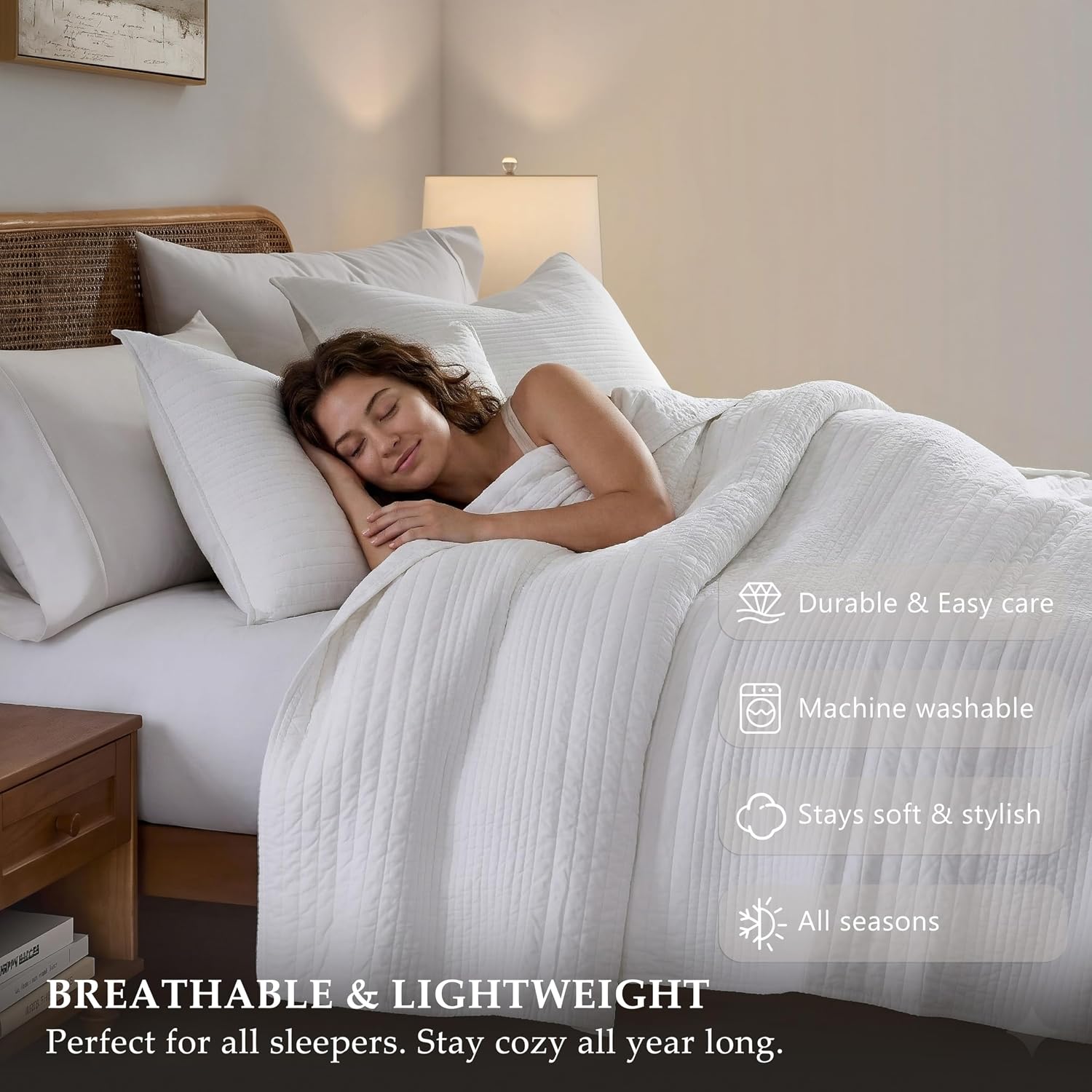 Detalle 1 de palassio Q-TZ-WHITE-CKING Cotton Quilt Set, California King, White Stripes