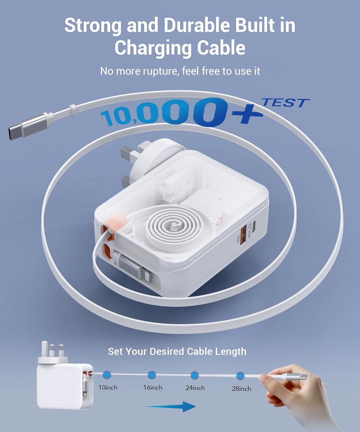 Detalle 2 de 65W Wall Charger with Dual Retractable Cables: 4-in-1 UK Travel Ready Power Hub