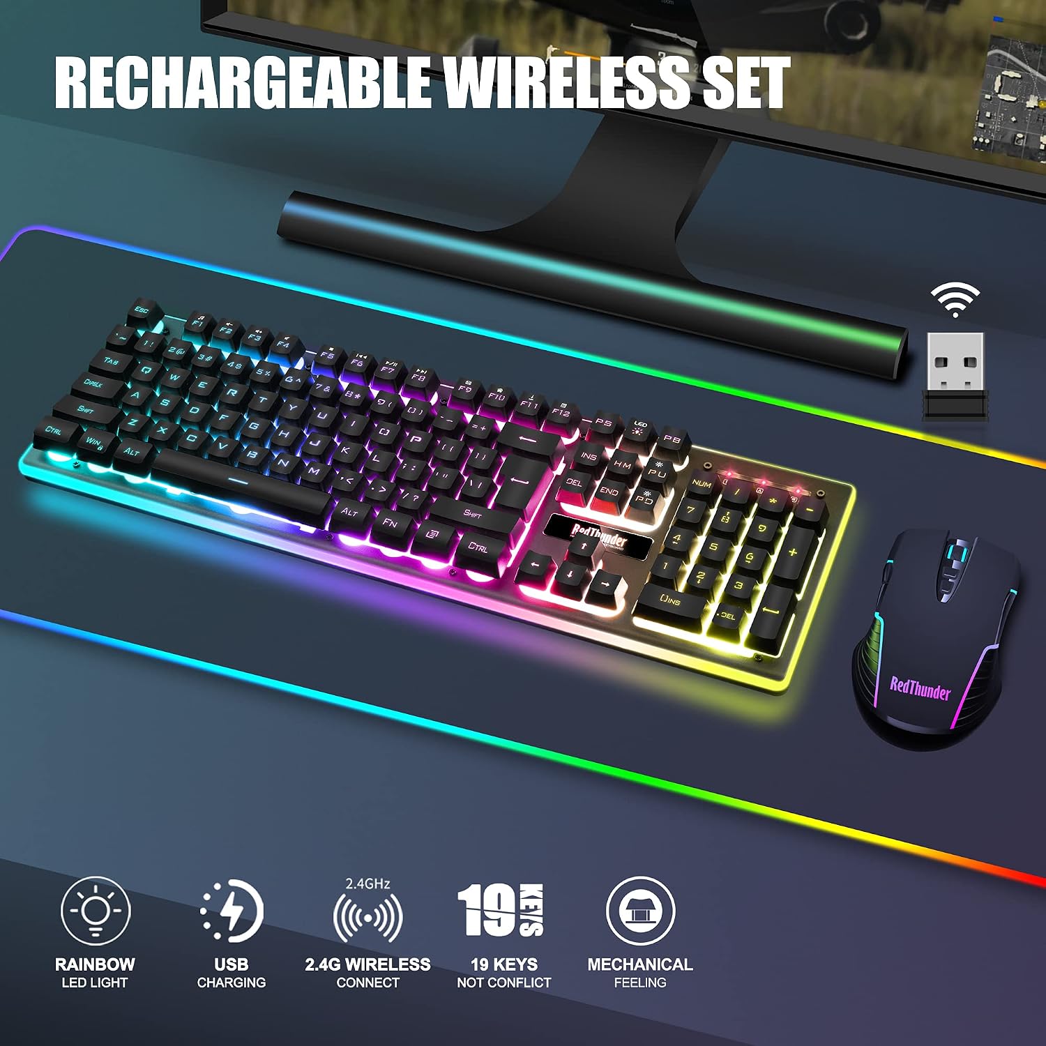 Detalle 2 de RedThunder K10 Wireless Gaming Keyboard and Mouse Combo (UK Layout) with 3800mAh Battery