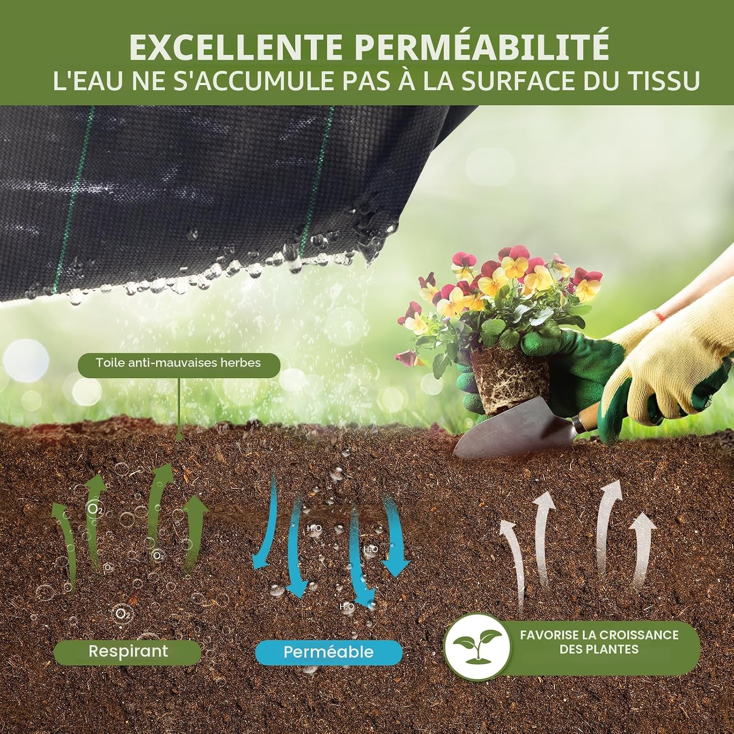 Detalle de Velway Toile de Paillage 1,2x15M – Tissu tissé anti-mauvaises herbes en PP 100 g/m², perméable et résistant UV