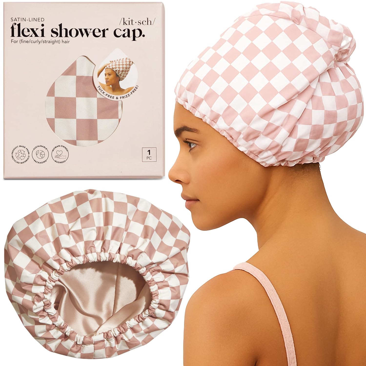 Detalle de Kitsch Luxury Flexi Satin Shower Cap — Large